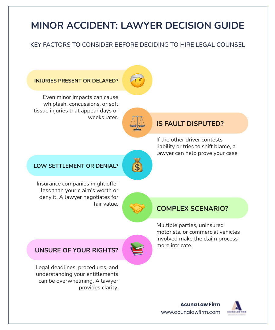 Infographic showing decision tree for hiring a lawyer after minor accident: Start with "Were you injured?" - if yes, consult lawyer; if no, move to "Is fault disputed?" - if yes, consult lawyer; if no, move to "Is insurance offer fair?" - if no, consult lawyer; if yes, you may handle alone. Additional factors shown: delayed symptoms, multiple parties, uninsured drivers, claim denials, and statute of limitations all point to consulting a lawyer. - should i hire a lawyer for a minor car accident infographic infographic-line-5-steps-colors Infographic showing decision tree for hiring a lawyer after minor accident: Start with "Were you injured?" - if yes, consult lawyer; if no, move to "Is fault disputed?" - if yes, consult lawyer; if no, move to "Is insurance offer fair?" - if no, consult lawyer; if yes, you may handle alone. Additional factors shown: delayed symptoms, multiple parties, uninsured drivers, claim denials, and statute of limitations all point to consulting a lawyer. - should i hire a lawyer for a minor car accident infographic infographic-line-5-steps-colors