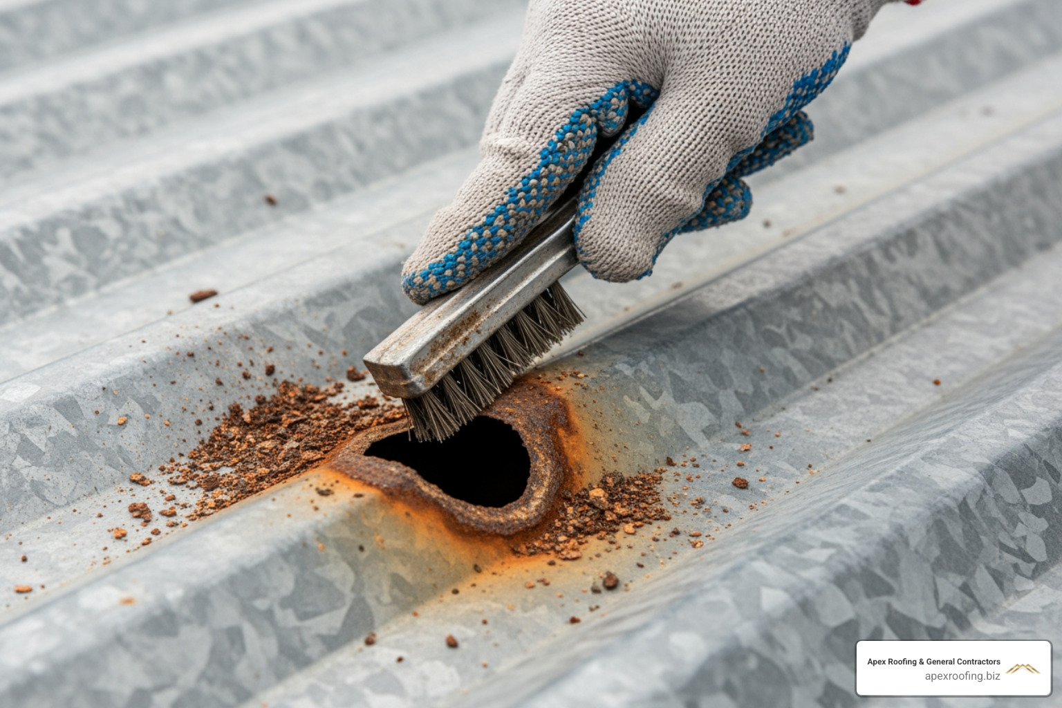 gloved hand using a wire brush to clean the area around a small hole on a metal roof - patch hole in metal roof