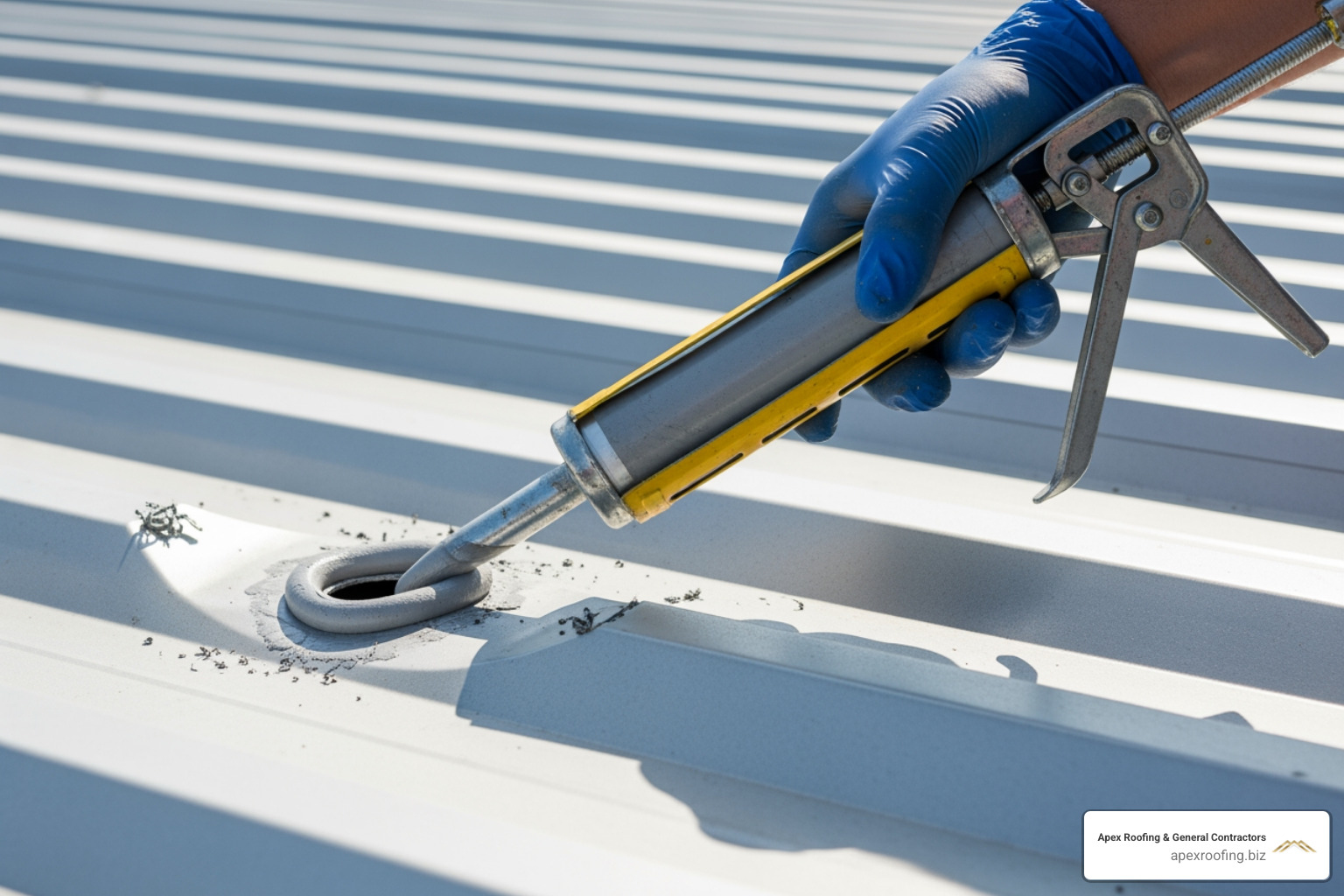 caulking gun applying a thick bead of sealant around the edges of the prepared hole - patch hole in metal roof