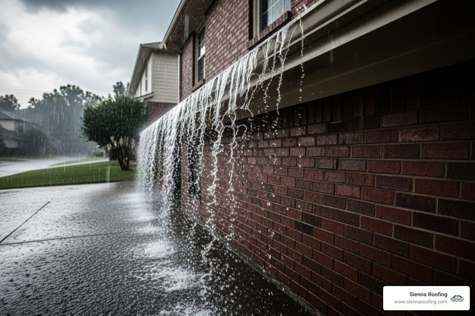 overflowing gutter causing water to cascade down the side of a house - gutter cleaning missouri city