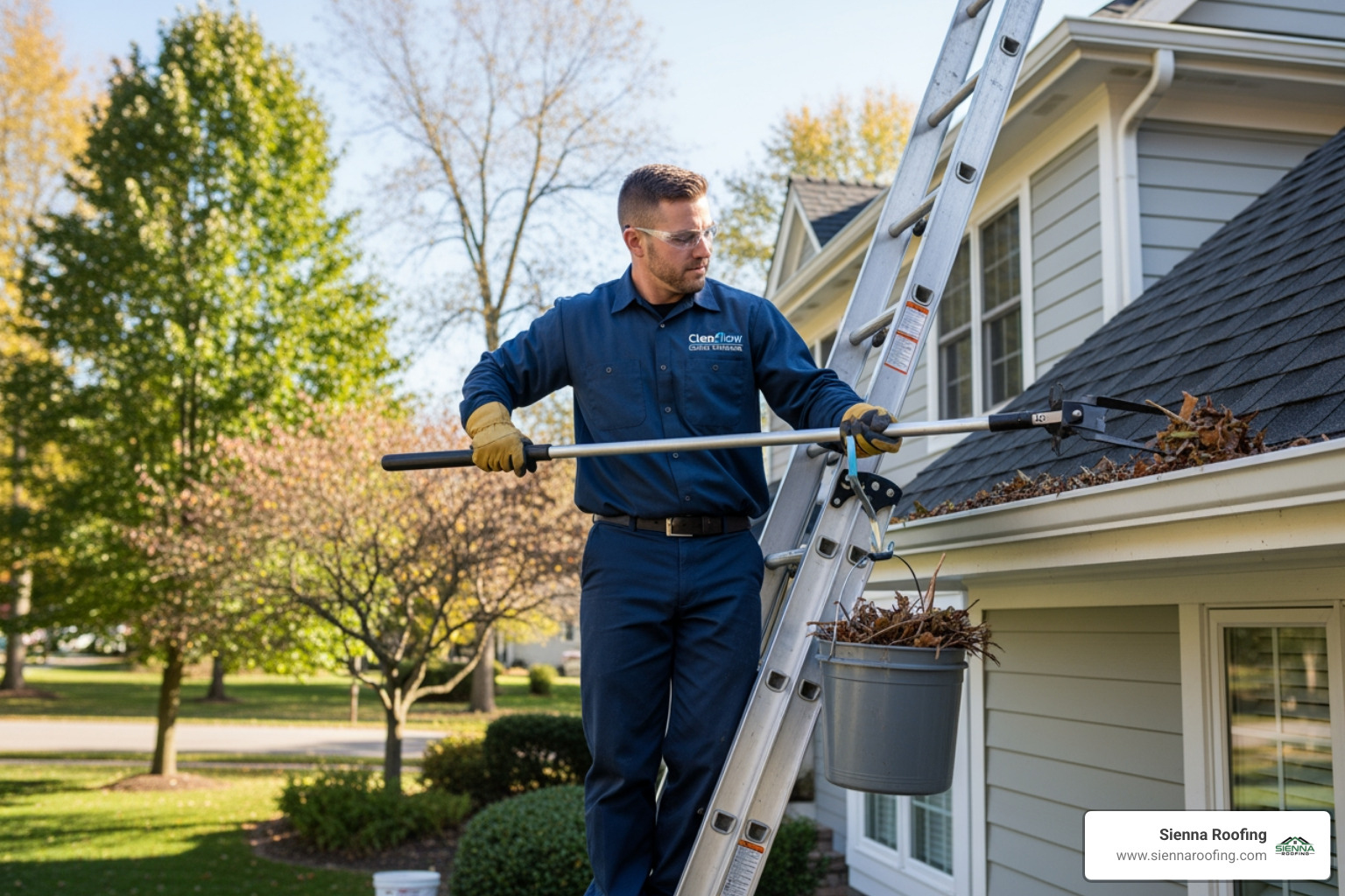 professional safely cleaning a gutter on a two-story home - gutter cleaning missouri city