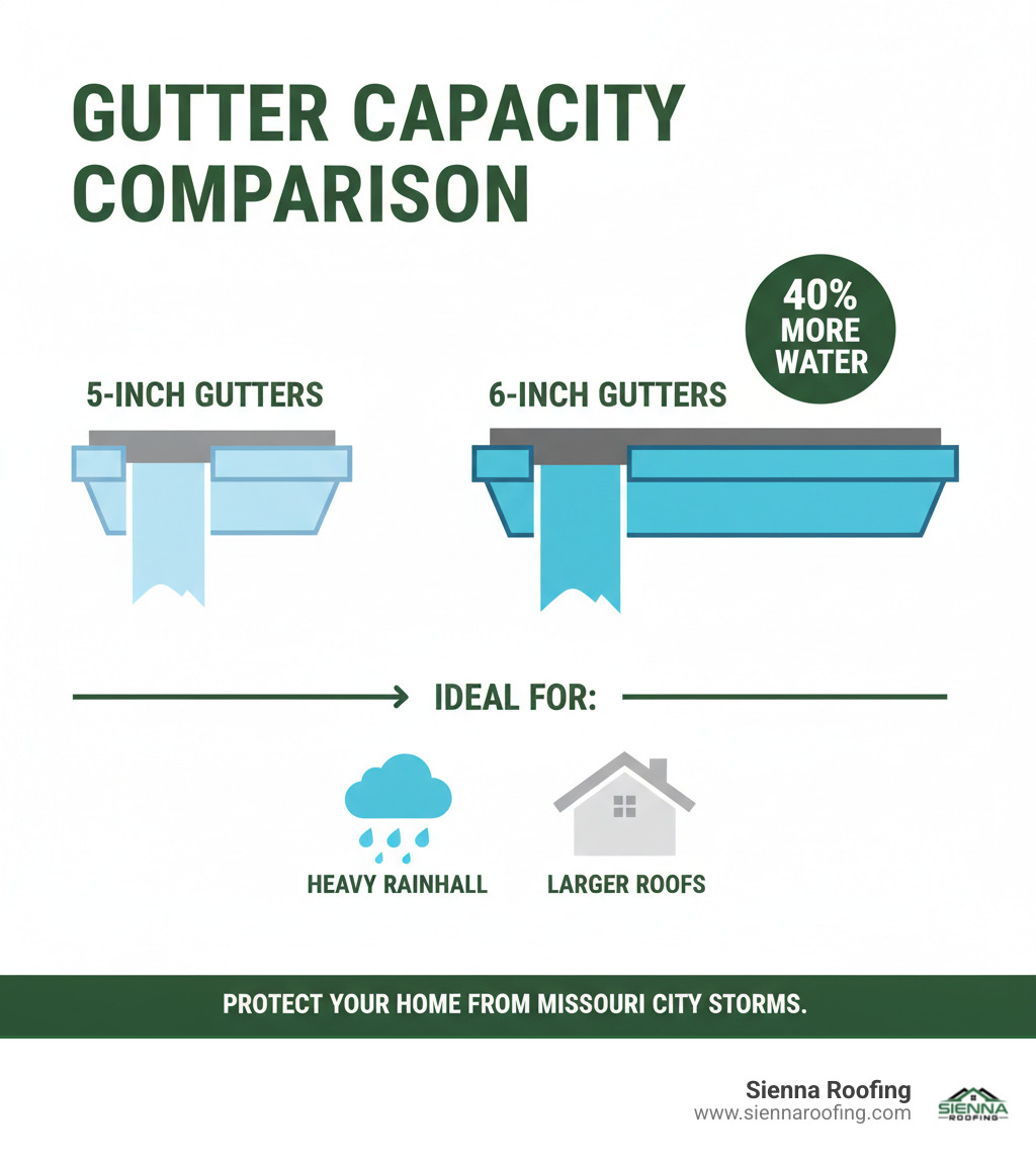 Infographic comparing 5-inch vs 6-inch gutters, showing 6-inch gutters handling 40% more water, ideal for heavy rainfall and larger roofs - gutter cleaning missouri city infographic 