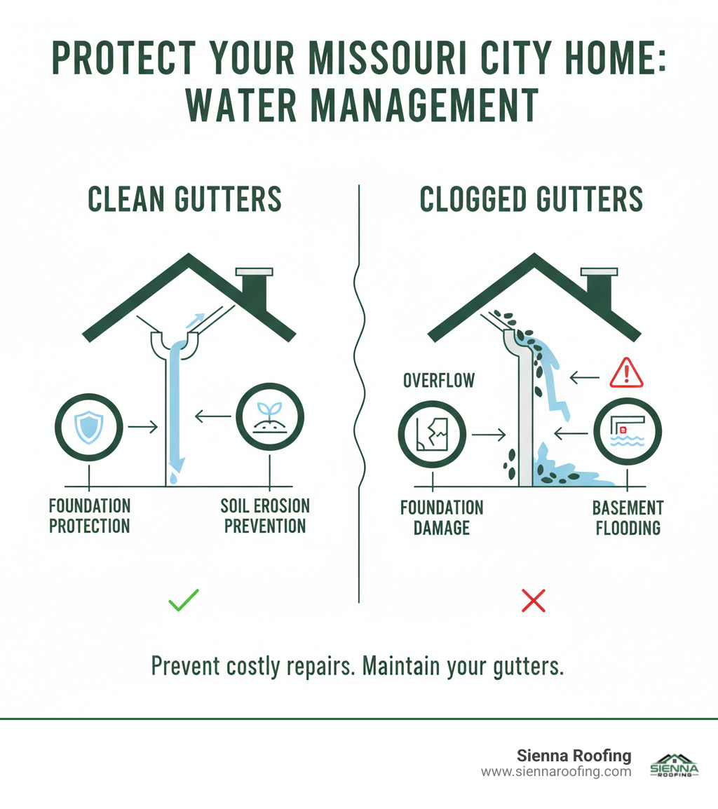 Infographic showing the flow of water from roof through clean gutters and downspouts, directing water safely away from the home's foundation, with annotations highlighting foundation protection, soil erosion prevention, and the consequences of clogged gutters including overflow, foundation damage, and basement flooding - gutter cleaning missouri city infographic 