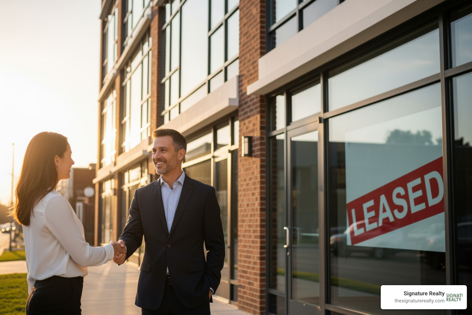 Professional real estate agent shaking hands with a client in front of a Leased sign on a commercial property - miami beach commercial real estate for lease Professional real estate agent shaking hands with a client in front of a Leased sign on a commercial property - miami beach commercial real estate for lease