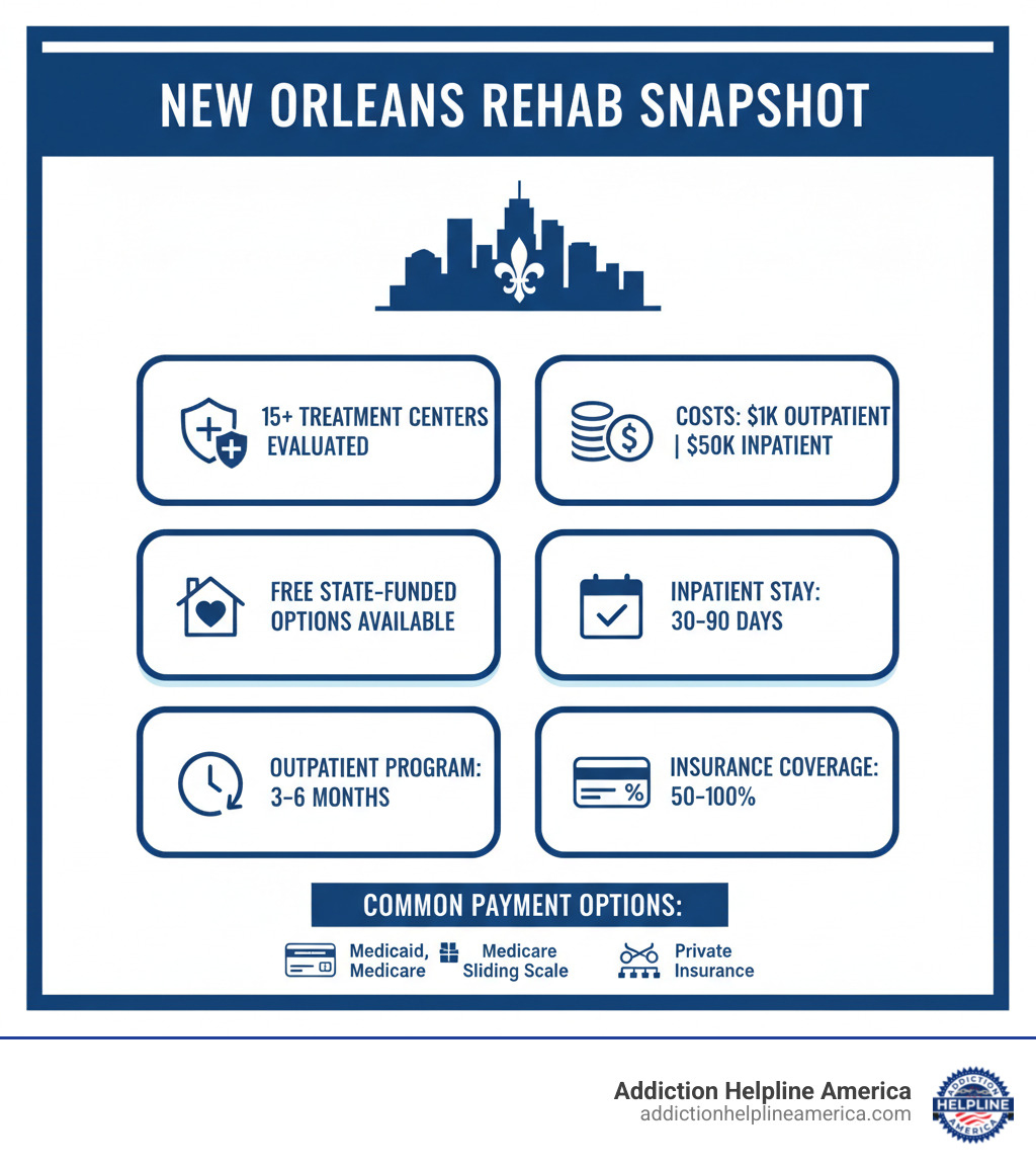 Infographic showing New Orleans rehab statistics: 15+ treatment centers evaluated, cost ranges from $1,000 for outpatient to $50,000 for inpatient care, free state-funded options available, average inpatient stay 30-90 days, average outpatient program 3-6 months, insurance typically covers 50-100% of costs, and common payment options including Medicaid, Medicare, sliding scale, and private insurance - rehab in new orleans louisiana infographic Infographic showing New Orleans rehab statistics: 15+ treatment centers evaluated, cost ranges from $1,000 for outpatient to $50,000 for inpatient care, free state-funded options available, average inpatient stay 30-90 days, average outpatient program 3-6 months, insurance typically covers 50-100% of costs, and common payment options including Medicaid, Medicare, sliding scale, and private insurance - rehab in new orleans louisiana infographic