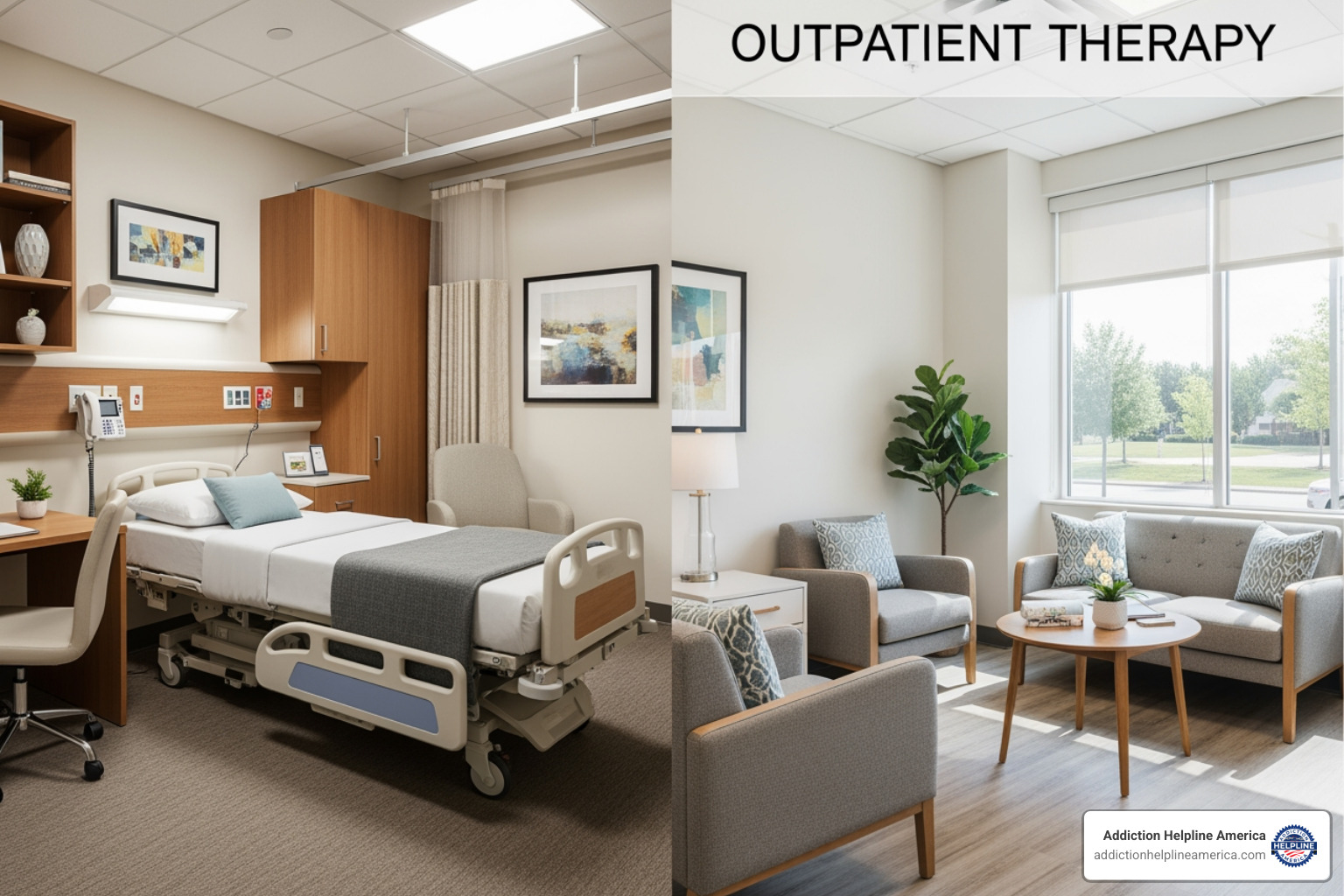 image of a comfortable, modern inpatient room vs. a bright, open outpatient therapy room - drug rehab housing in new orleans louisiana take medicare image of a comfortable, modern inpatient room vs. a bright, open outpatient therapy room - drug rehab housing in new orleans louisiana take medicare