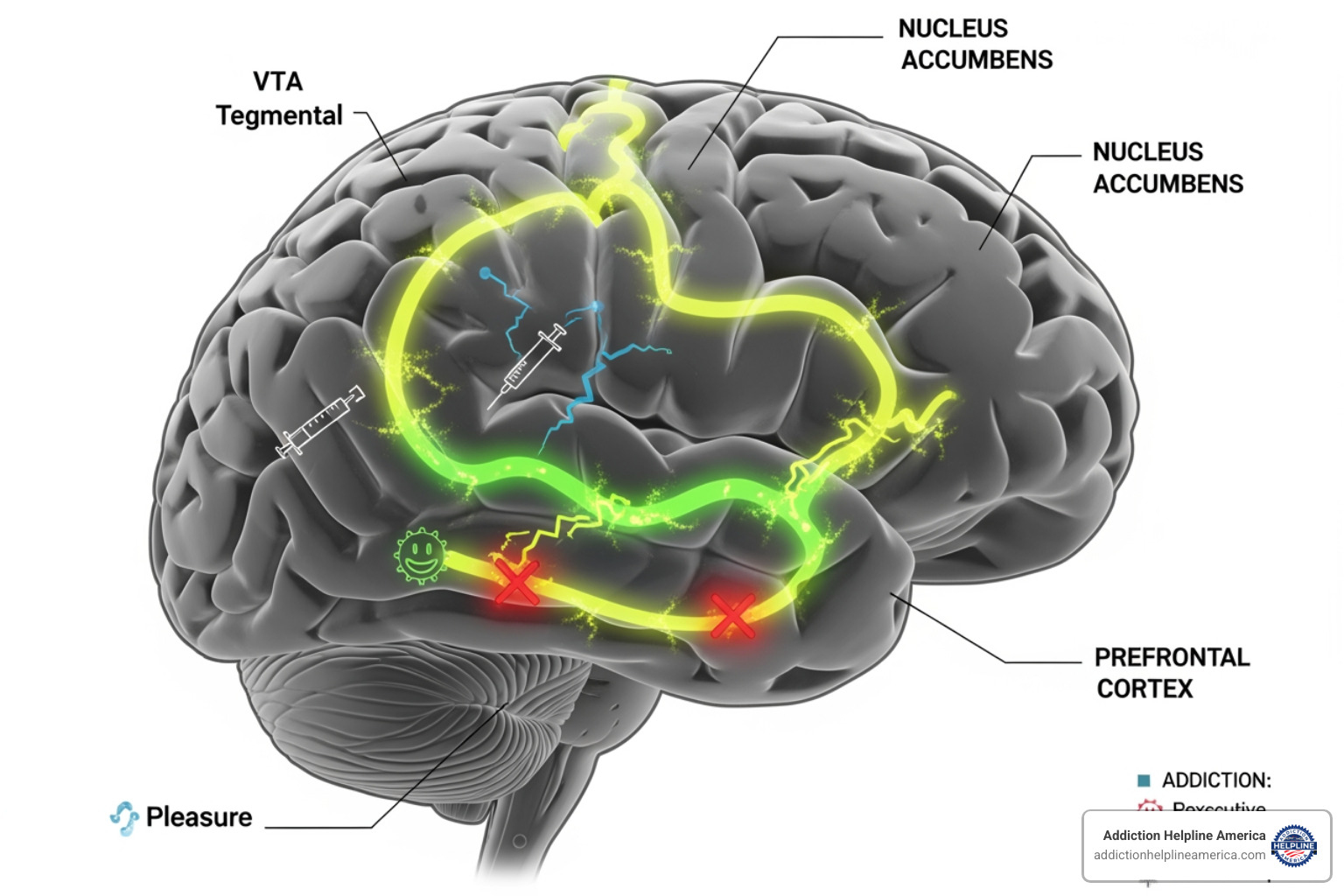 Brain showing reward pathways affected by addiction - substance use help