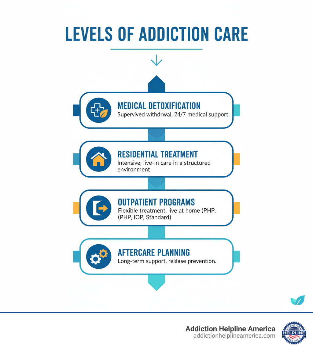 infographic showing levels of addiction care from detox through residential, outpatient, and aftercare with descriptions of each level - Professional addiction help infographic infographic showing levels of addiction care from detox through residential, outpatient, and aftercare with descriptions of each level - Professional addiction help infographic