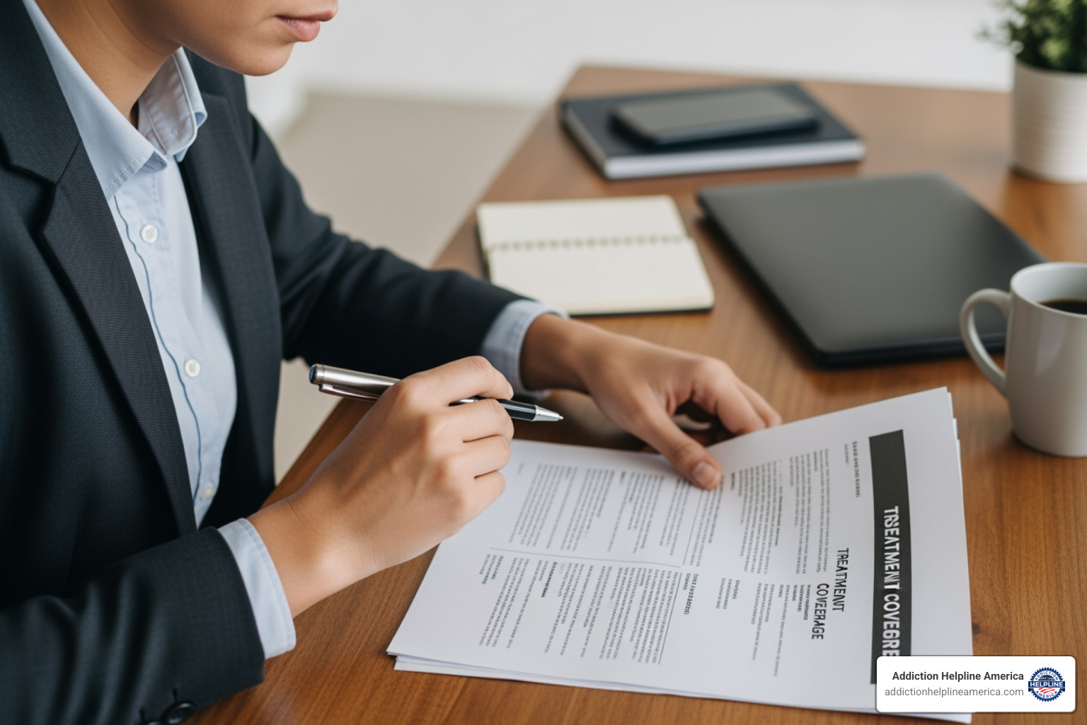 person reviewing an insurance document for treatment coverage - Professional addiction help person reviewing an insurance document for treatment coverage - Professional addiction help