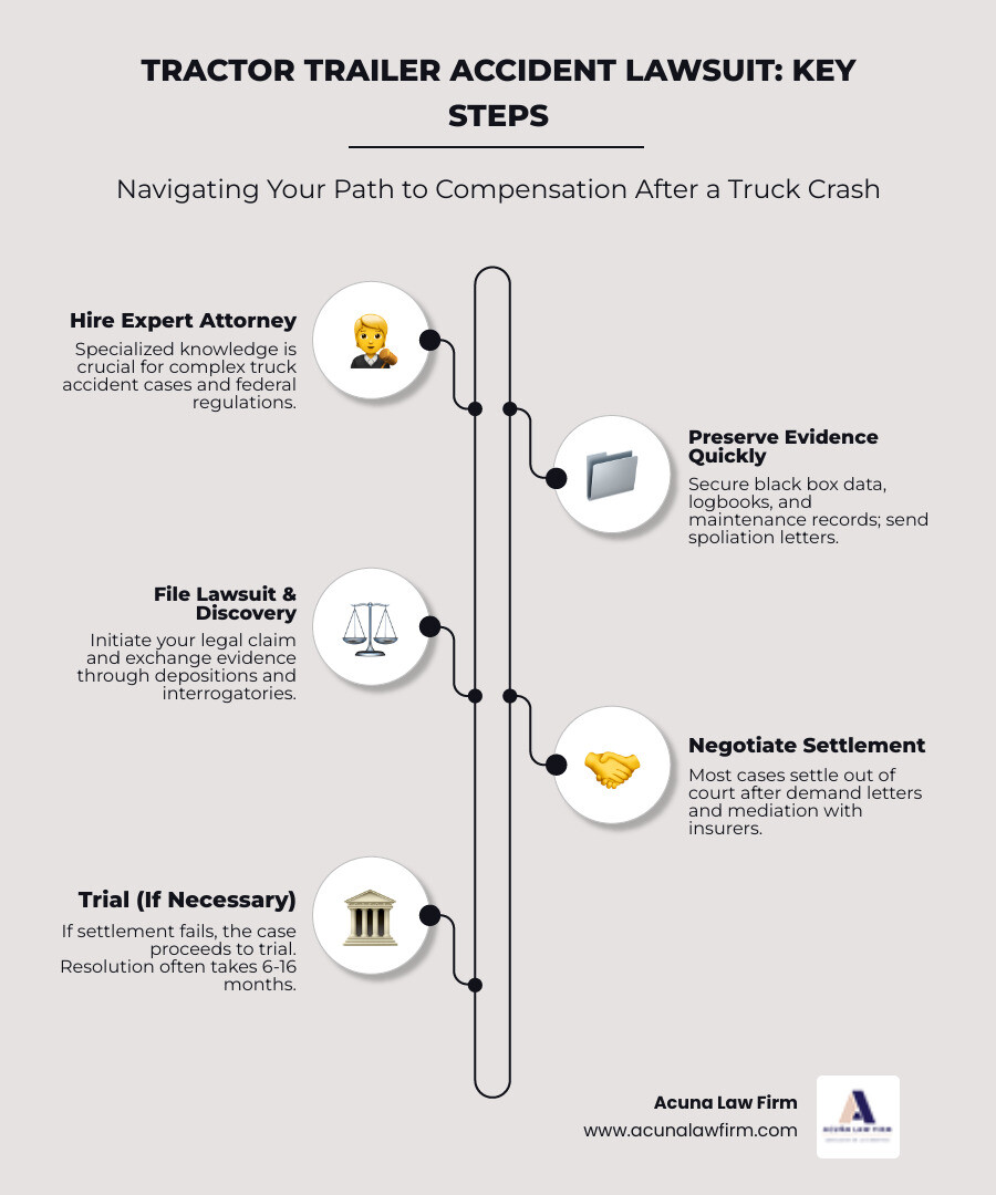 Infographic showing the tractor trailer accident lawsuit process: 1. Immediate aftermath - Seek medical care and document the scene, 2. Hire specialized attorney within statute of limitations (2-3 years), 3. Investigation phase - Preserve black box data, gather evidence, send spoliation letters, 4. File lawsuit and begin discovery process, 5. Settlement negotiations with insurance companies, 6. Trial if necessary, 7. Settlement or verdict typically 6-16 months after accident. Key differences from car accidents highlighted: Multiple liable parties (driver, trucking company, manufacturer), Federal FMCSA regulations apply, Minimum $750,000 insurance coverage, Black box evidence preservation critical, Average settlements $100,000-$150,000 but can reach millions for severe injuries - tractor trailer accident lawsuit infographic infographic-line-5-steps-elegant_beige