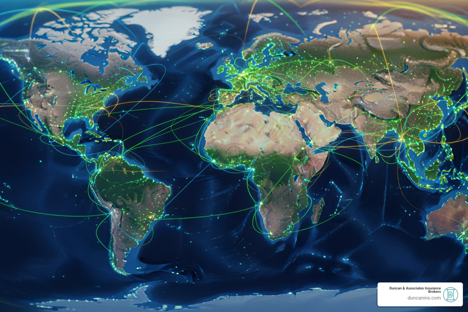 world map with interconnected lines representing a global team - health insurance for remote workers