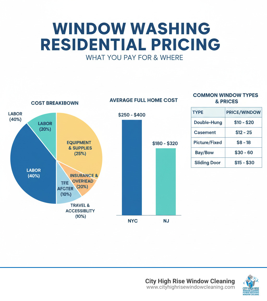 Infographic breaking down window washing residential pricing: pie chart showing labor (40%), equipment and supplies (25%), insurance and overhead (20%), travel and accessibility (10%), profit margin (5%); bar graph comparing NYC vs. NJ average costs; table listing common window types and their typical price ranges per window - window washing residential pricing infographic Infographic breaking down window washing residential pricing: pie chart showing labor (40%), equipment and supplies (25%), insurance and overhead (20%), travel and accessibility (10%), profit margin (5%); bar graph comparing NYC vs. NJ average costs; table listing common window types and their typical price ranges per window - window washing residential pricing infographic