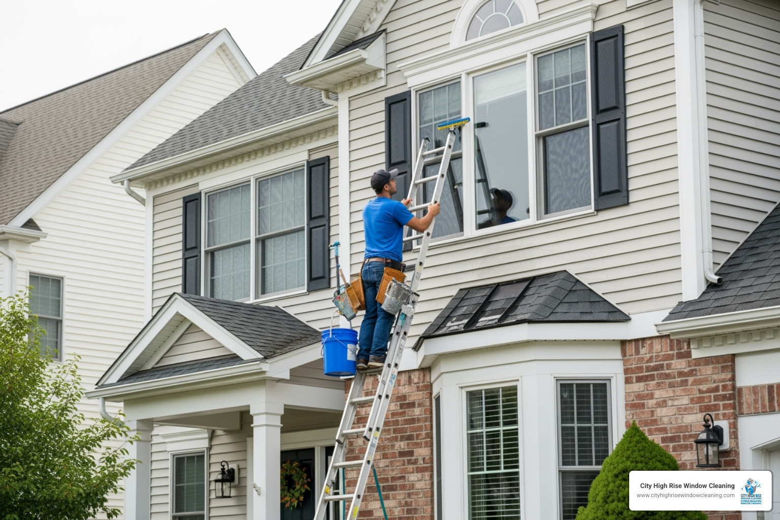 window cleaner on ladder washing second-story window in New Jersey - window washing residential pricing window cleaner on ladder washing second-story window in New Jersey - window washing residential pricing