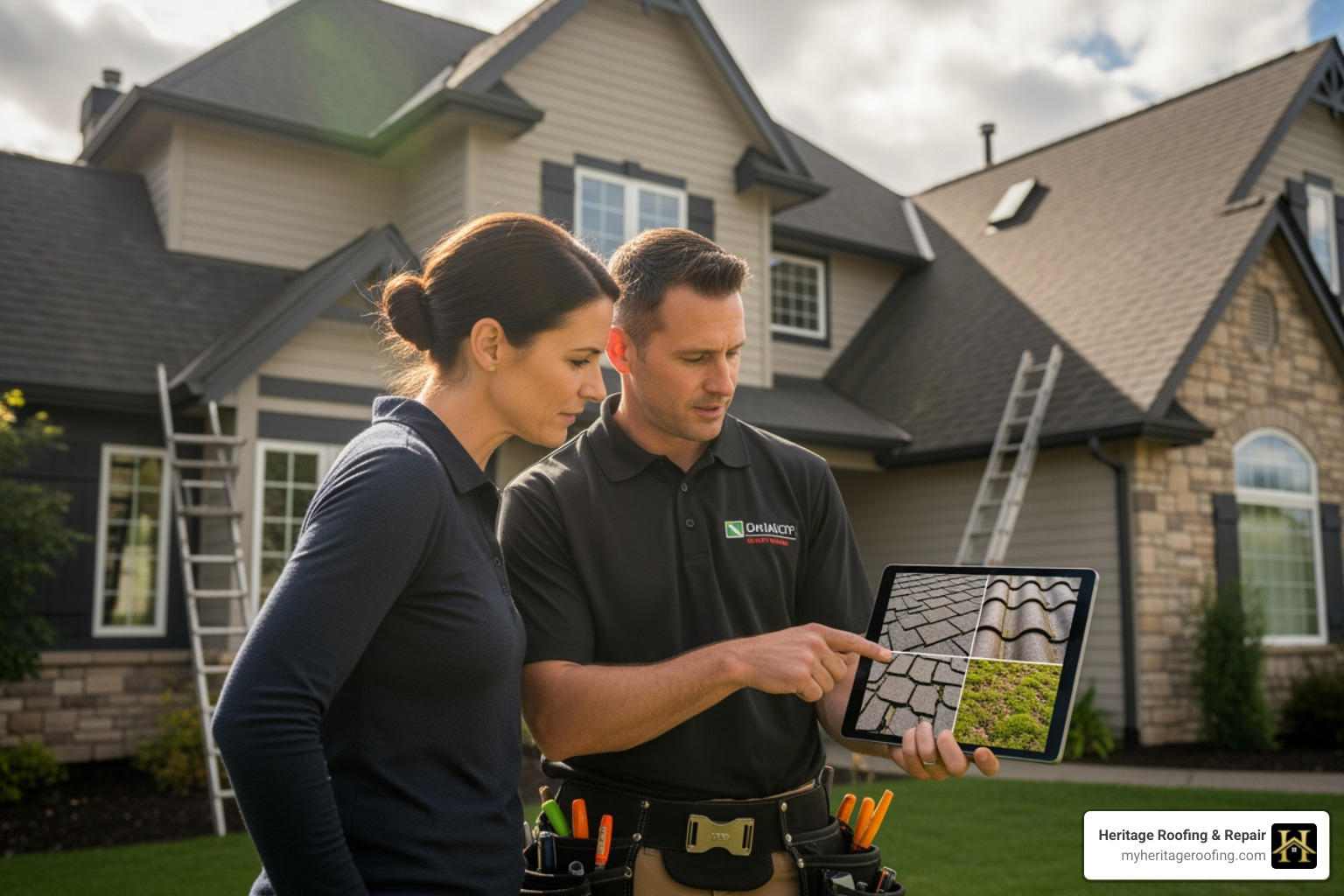 Roofing contractor and homeowner looking at a tablet showing roof damage - how do roof insurance claims work