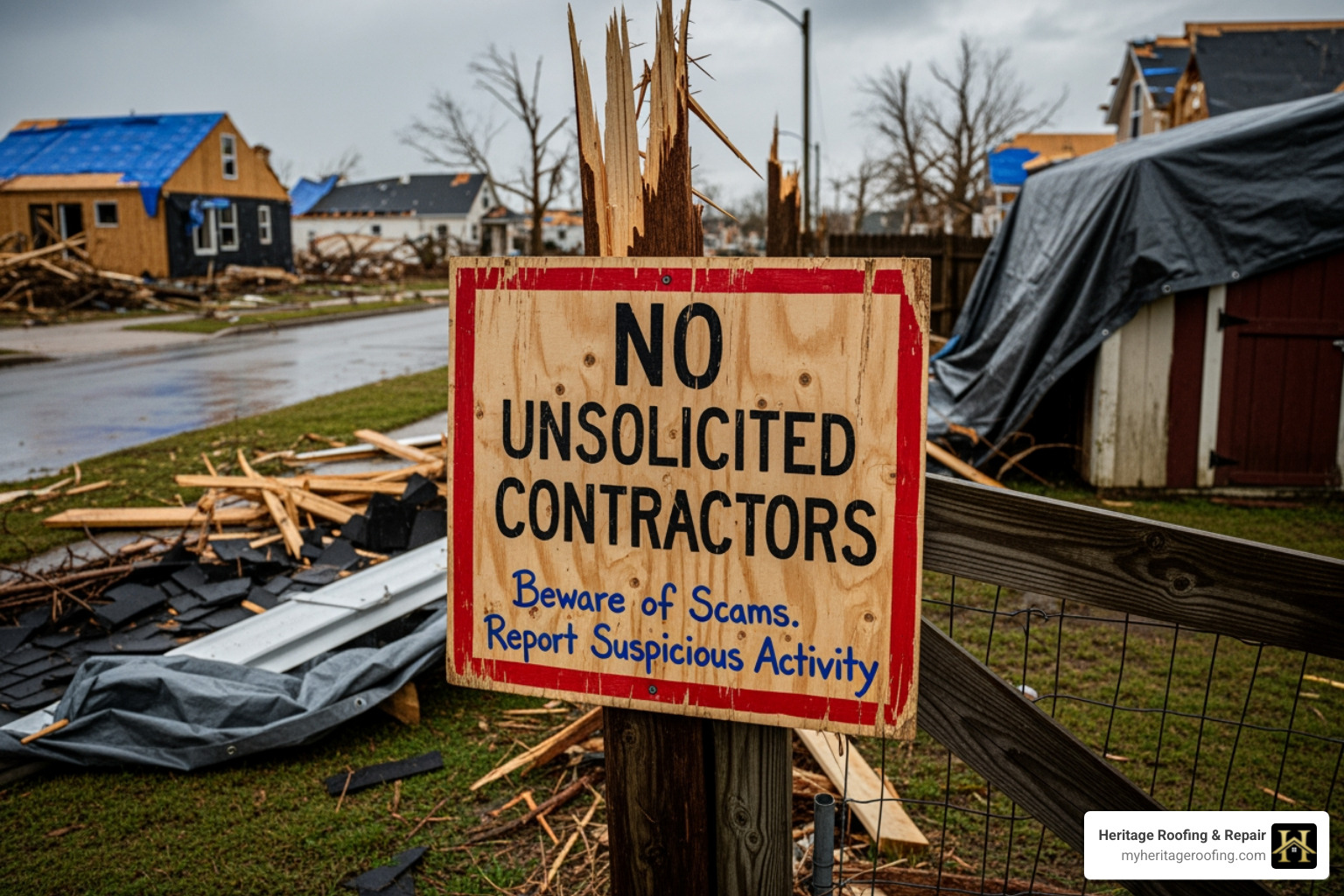 Beware of Storm Chasers sign - how do roof insurance claims work