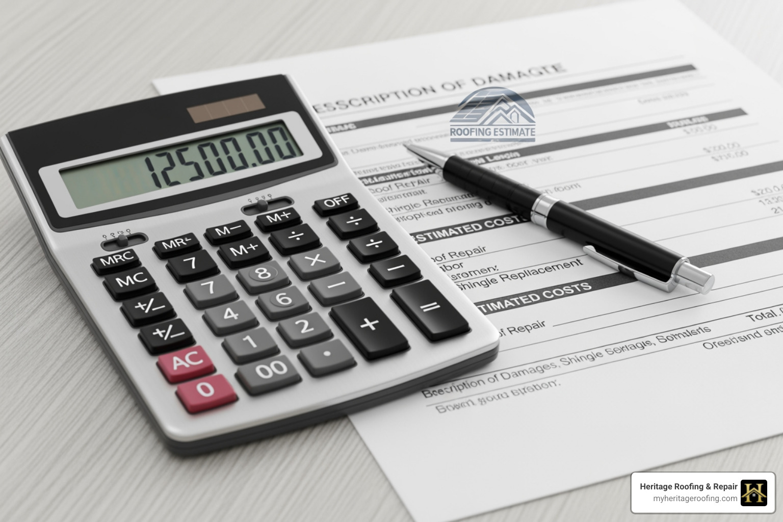 Calculator and roofing estimate representing financial aspects of a roof claim - how do roof insurance claims work