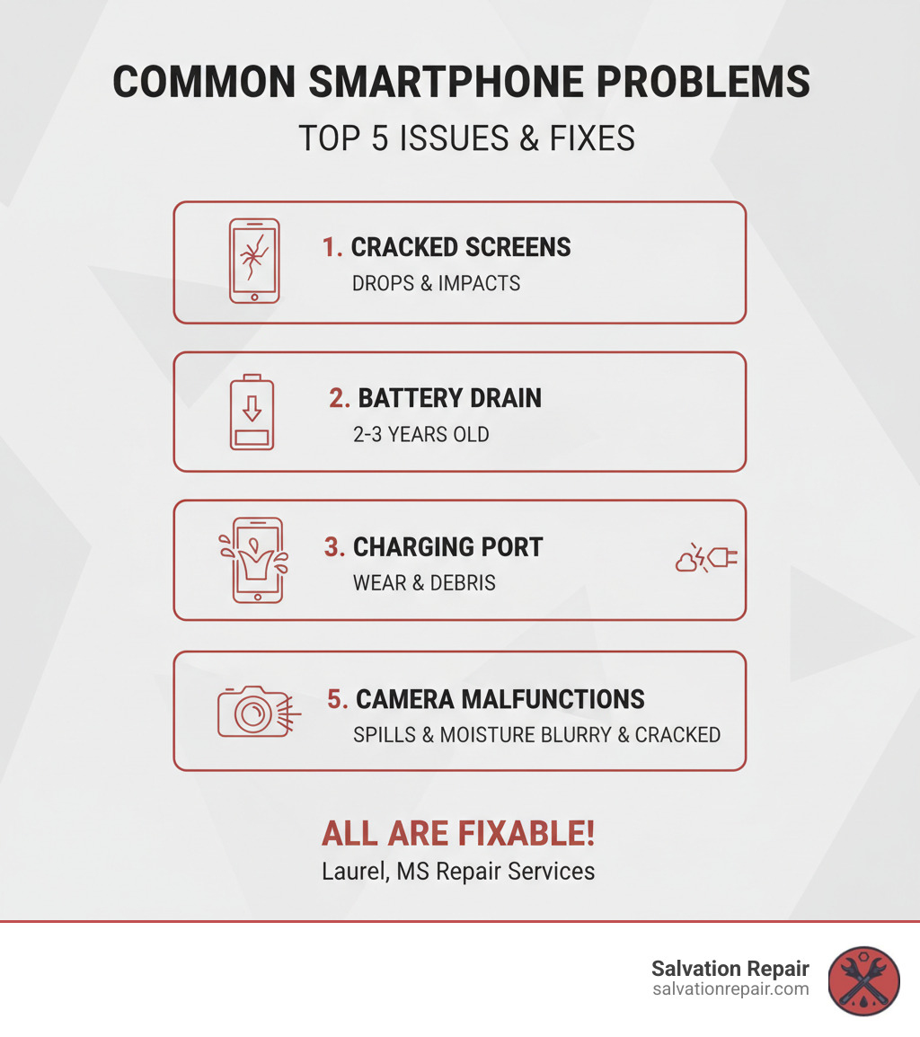 Infographic showing the top 5 most common smartphone problems: 1. Cracked or shattered screens from drops and impacts, 2. Battery drain and power issues after 2-3 years of use, 3. Charging port failures from daily wear and debris buildup, 4. Water damage from spills and moisture exposure, 5. Camera malfunctions including blurry photos and lens cracks - smartphone repair Laurel MS infographic