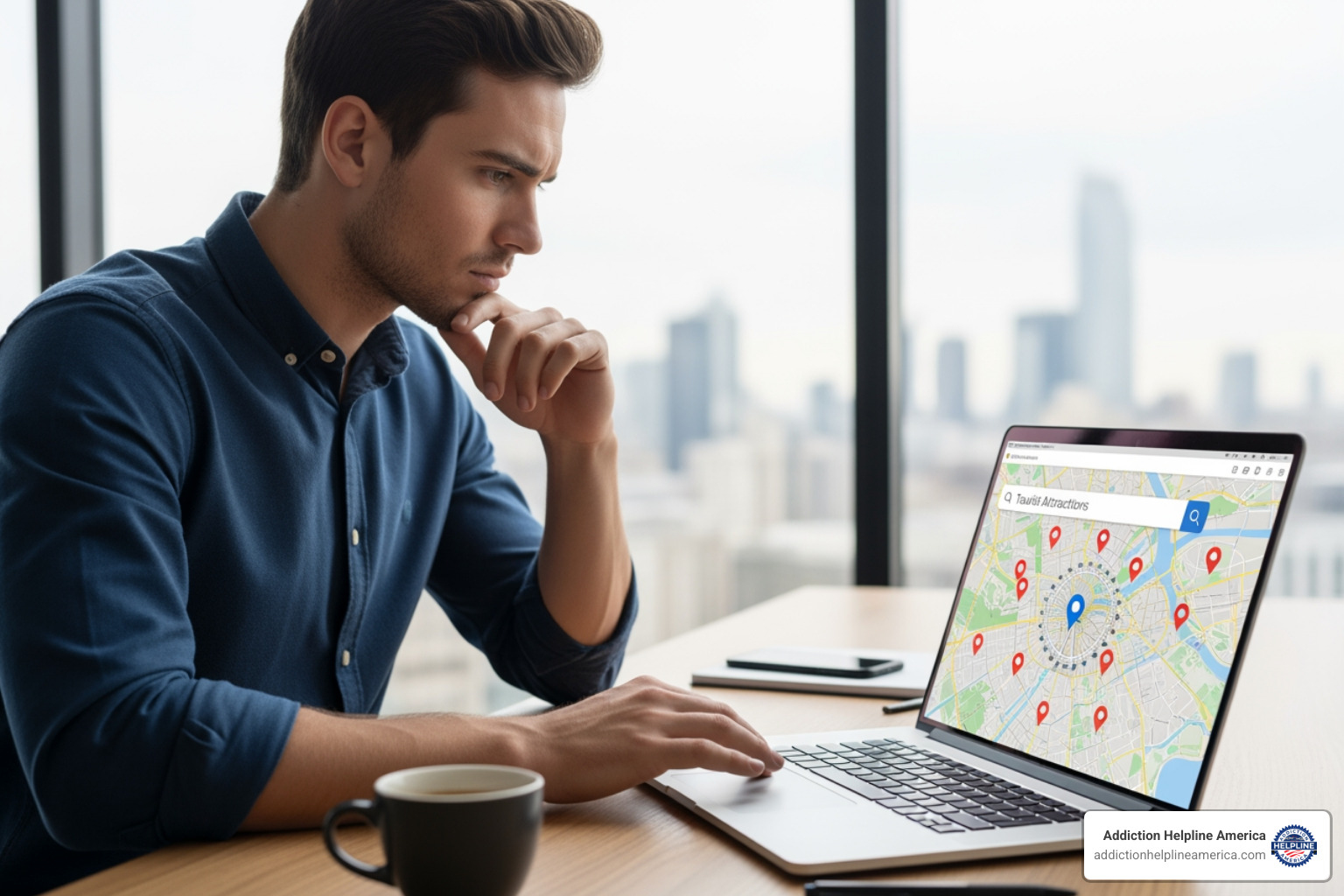 A person looking thoughtfully at a laptop screen displaying a map with location pins - detox programs near me