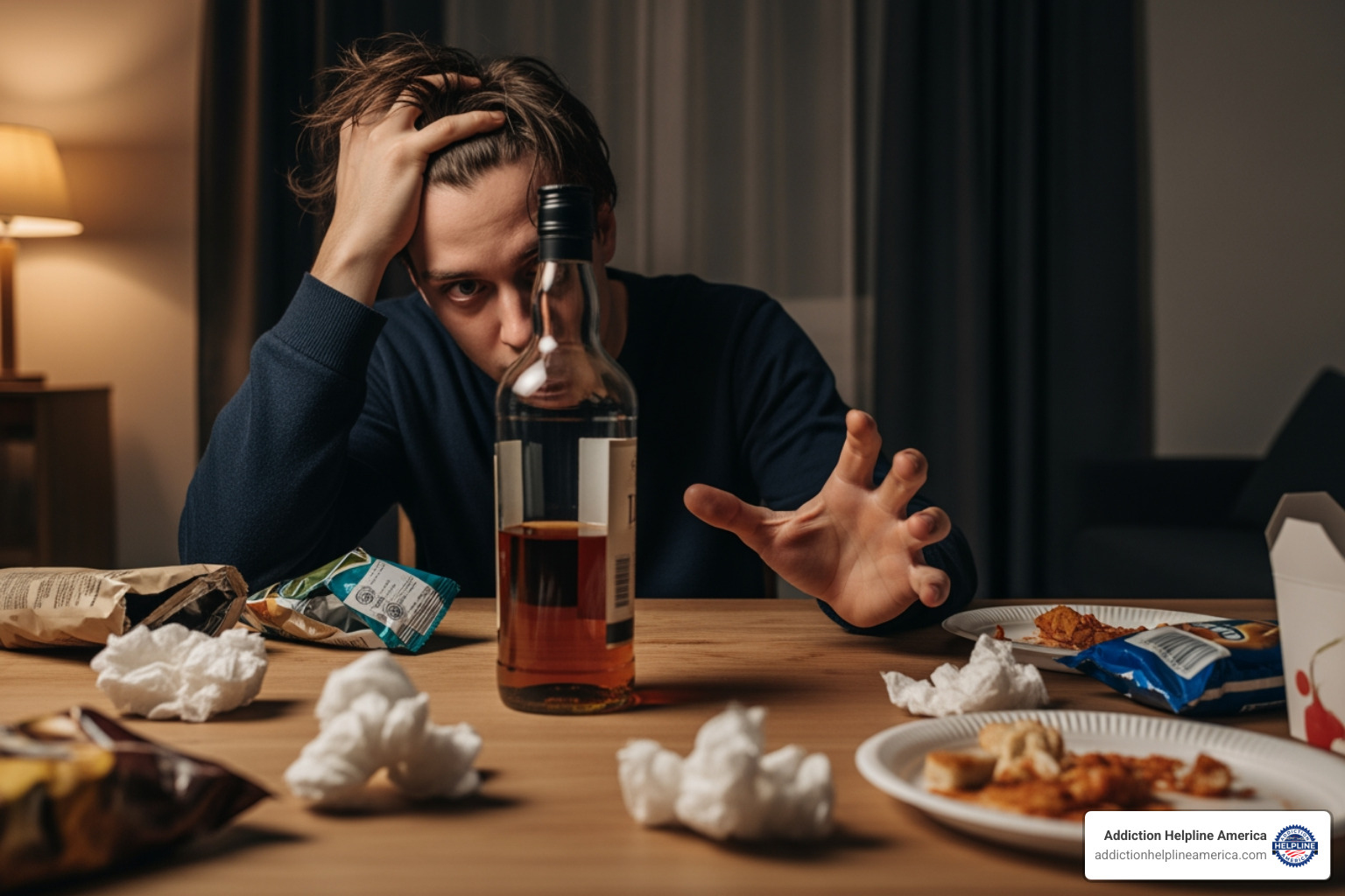 Image of a person struggling with mental health, reaching for a bottle, illustrating the connection between mental health symptoms and substance cravings - Dual diagnosis treatment LA Image of a person struggling with mental health, reaching for a bottle, illustrating the connection between mental health symptoms and substance cravings - Dual diagnosis treatment LA