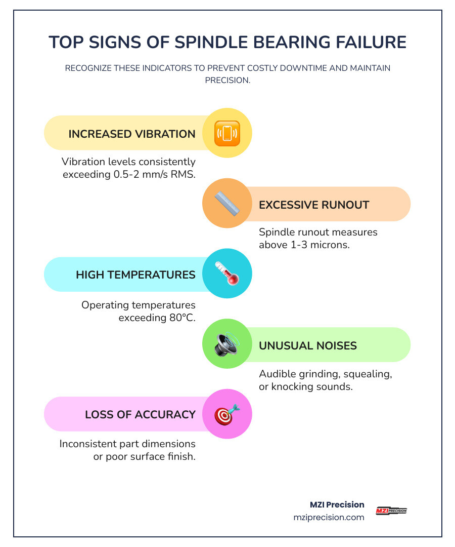 INFOGRAPHIC SHOWING THE TOP 7 SIGNS OF SPINDLE BEARING FAILURE: INCREASED VIBRATION LEVELS EXCEEDING 0.5-2 MM/S RMS, RUNOUT EXCEEDING 1-3 MICRONS, OPERATING TEMPERATURES ABOVE 80°C, UNUSUAL GRINDING OR SQUEALING NOISES, VISIBLE BEARING DAMAGE OR CONTAMINATION, LOSS OF DIMENSIONAL ACCURACY IN MACHINED PARTS, AND REDUCED DRAWBAR RETENTION FORCE - SPINDLE BEARING REPLACEMENT INFOGRAPHIC INFOGRAPHIC-LINE-5-STEPS-COLORS