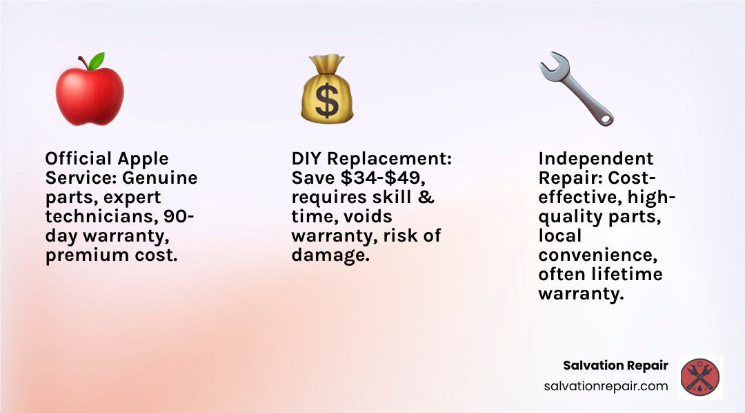 Comparison table of Apple Service, Independent Repair, and DIY battery replacement options - apple battery replacement infographic 3_facts_emoji_light-gradient