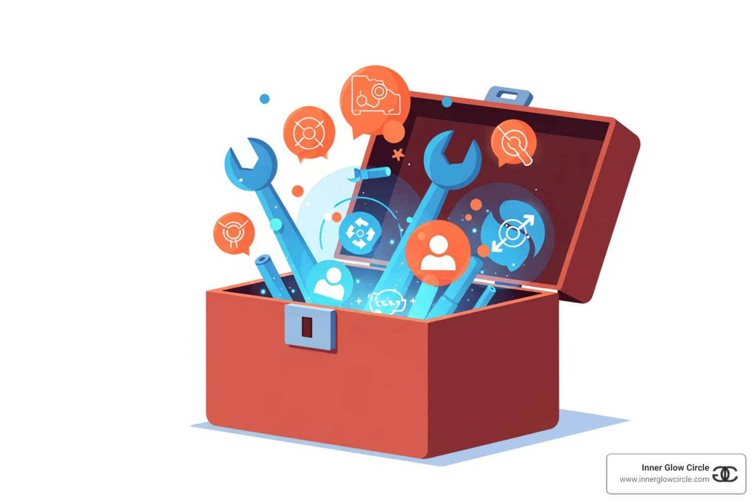 A graphic of a toolkit with icons representing different NLP techniques like anchoring, reframing, and modeling. - become nlp certified