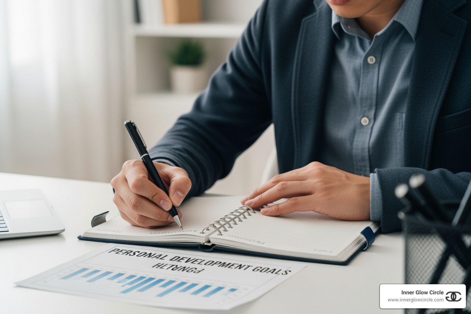 person writing SMART goals - manager personal development goals person writing SMART goals - manager personal development goals