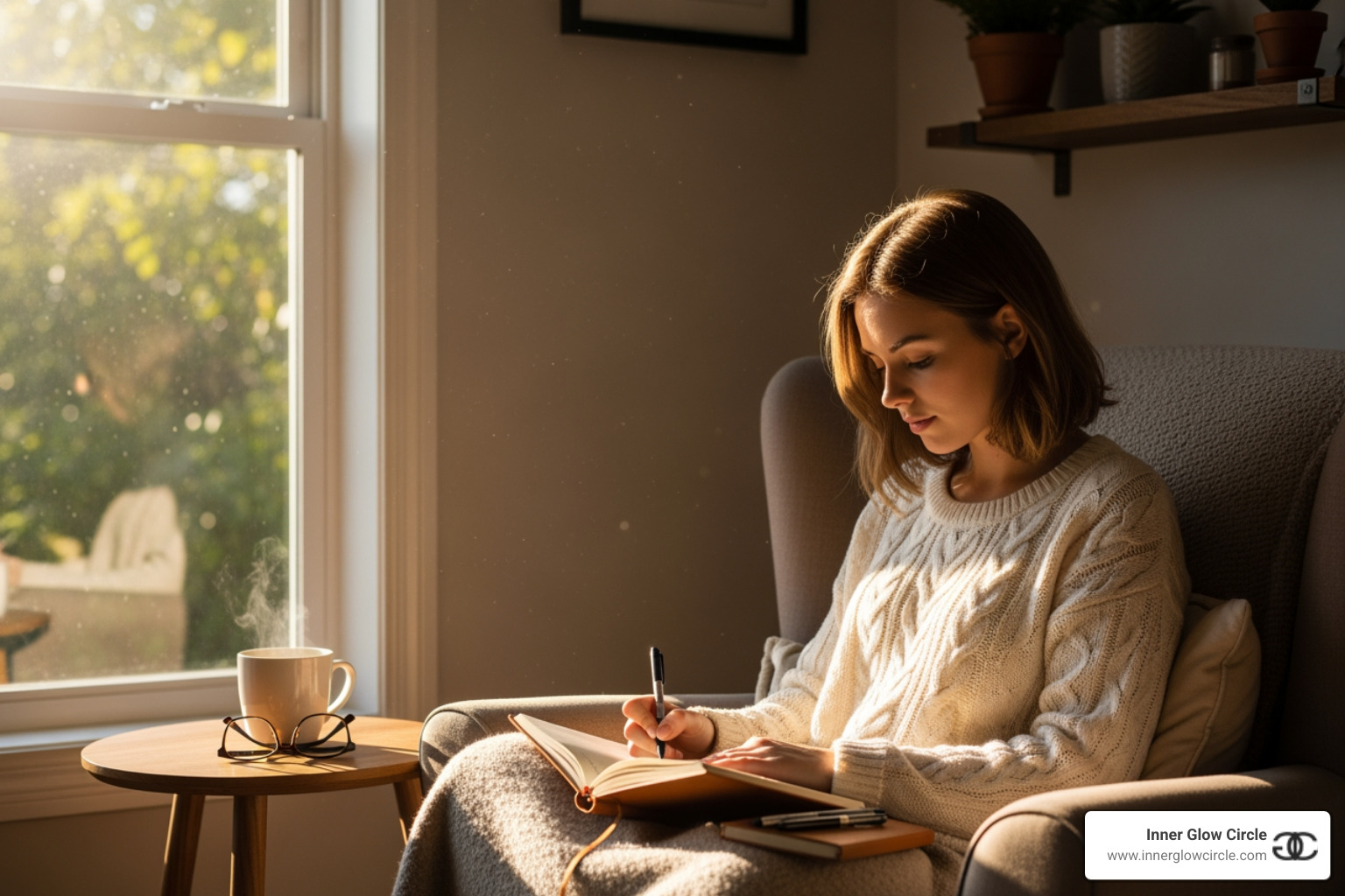 a woman journaling peacefully in a sunlit room - personal development for women
