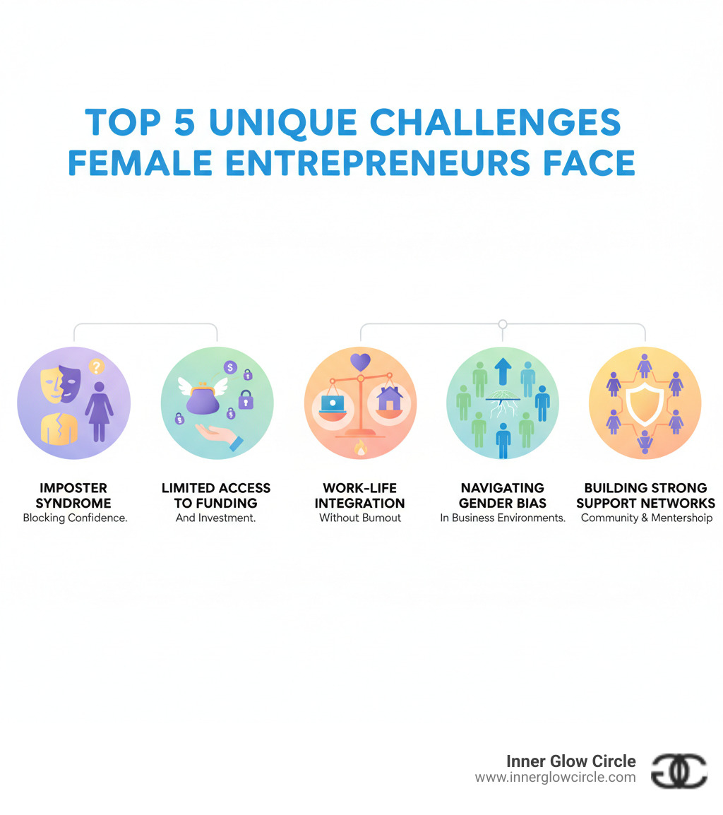 infographic showing the top 5 unique challenges female entrepreneurs face: imposter syndrome blocking confidence, limited access to funding and investment, work-life integration without burnout, navigating gender bias in business environments, and building strong support networks - business coach for female entrepreneurs infographic 
