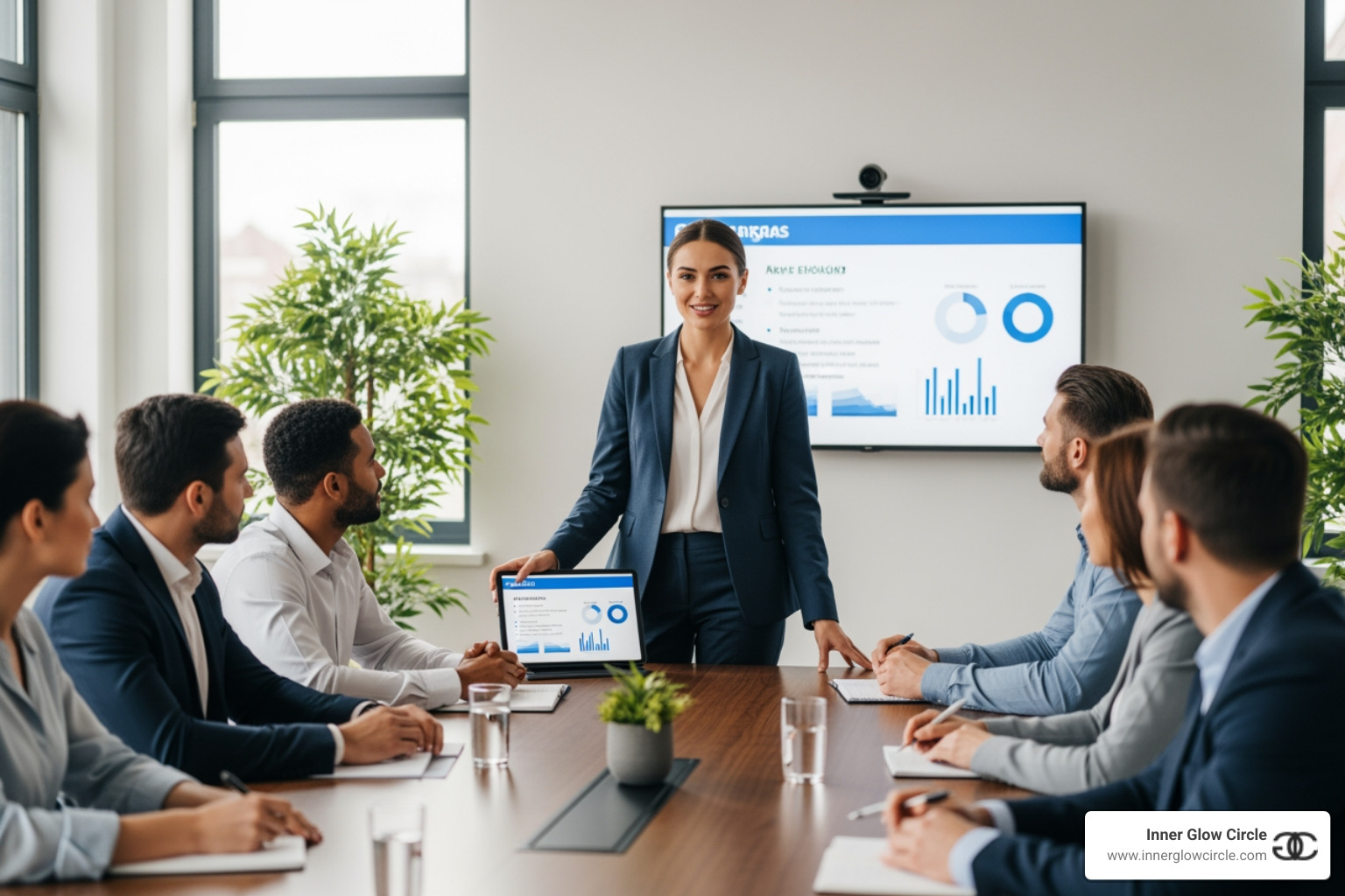 a woman confidently leading a meeting - business coach for female entrepreneurs