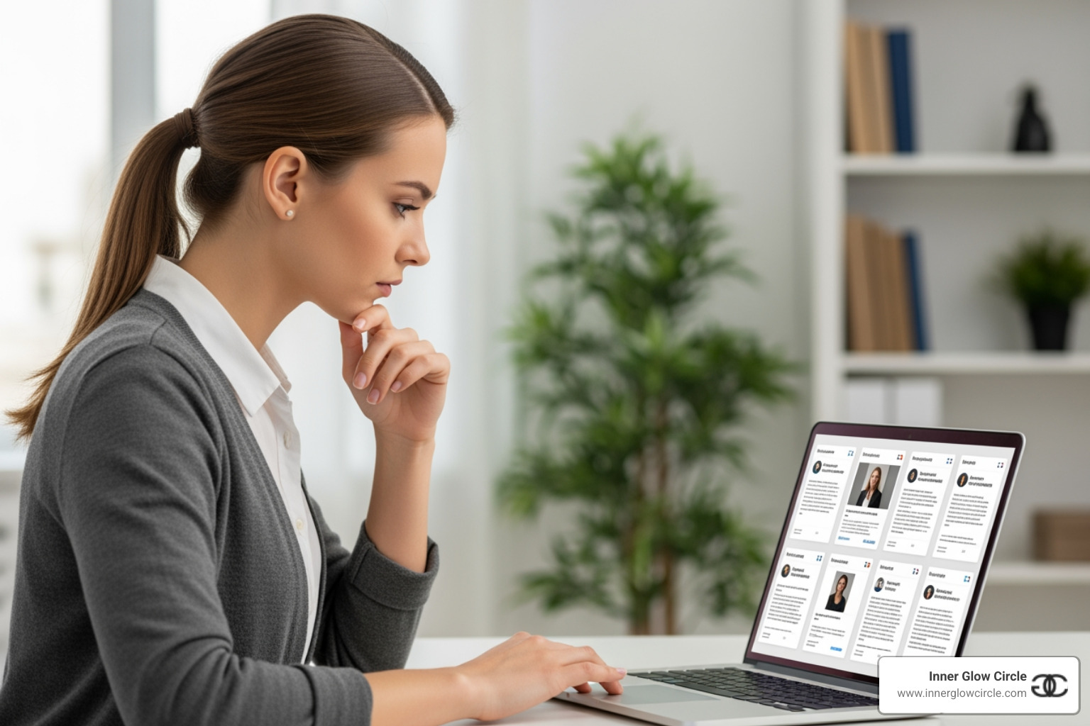 a woman thoughtfully reviewing profiles on a screen - business coach for female entrepreneurs