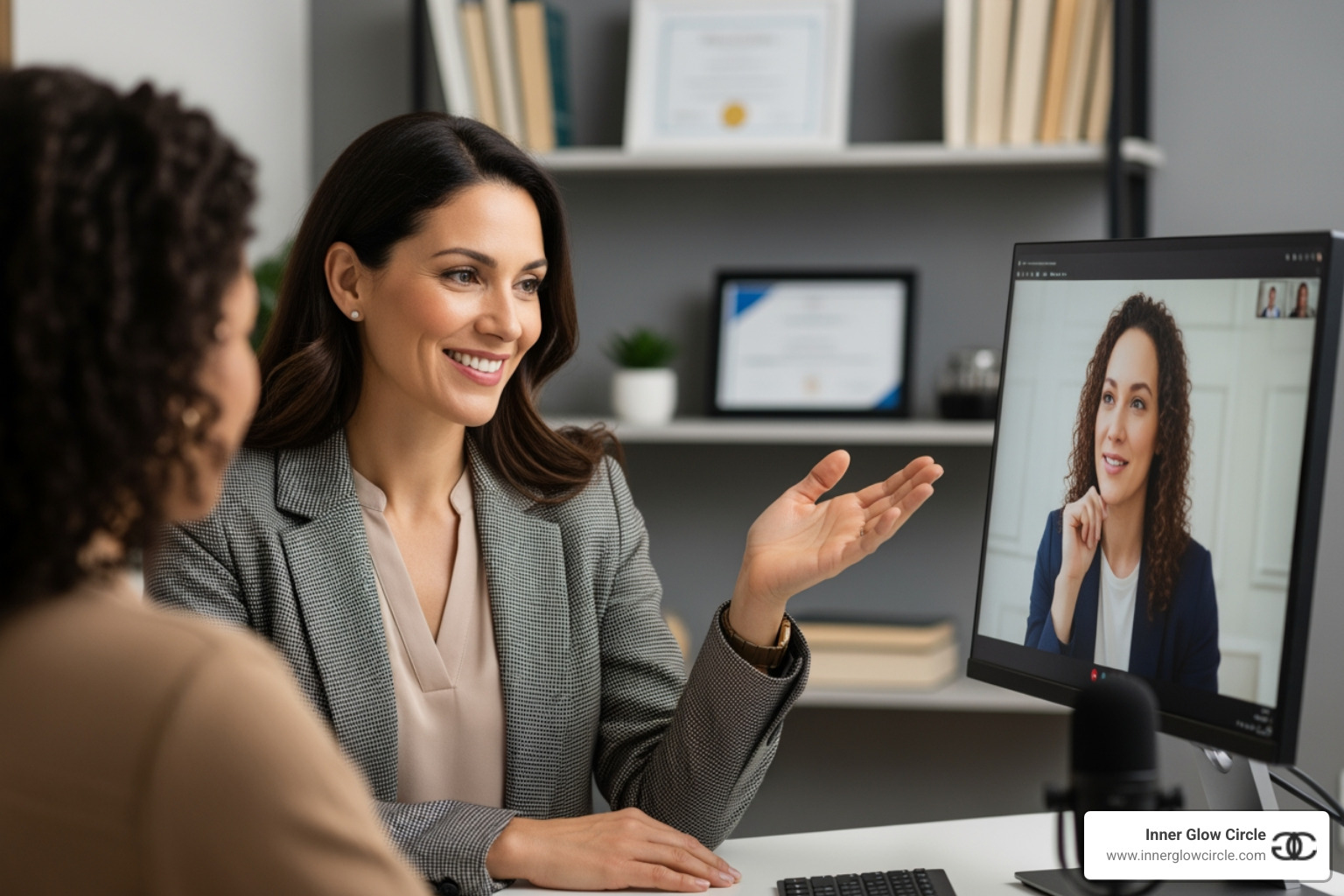 A certified coach, smiling confidently, is leading an online coaching session with a client visible on a screen. The coach is gesturing warmly, and the client appears engaged and attentive. The scene conveys professionalism and connection in a virtual setting. - Online coach training