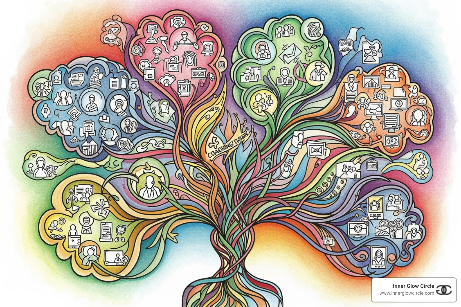 A vibrant mind map illustrating core coaching competencies. Central to the map is 'Coaching Skills,' with branches extending to 'Active Listening,' 'Powerful Questioning,' 'Building Trust,' 'Goal Setting,' 'Accountability,' 'Ethical Practice,' and 'Creating Awareness. - Online coach training