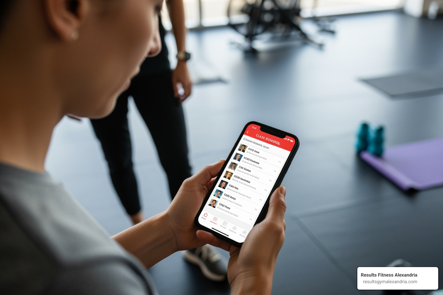 person checking a class schedule on their phone - affordable group fitness classes person checking a class schedule on their phone - affordable group fitness classes