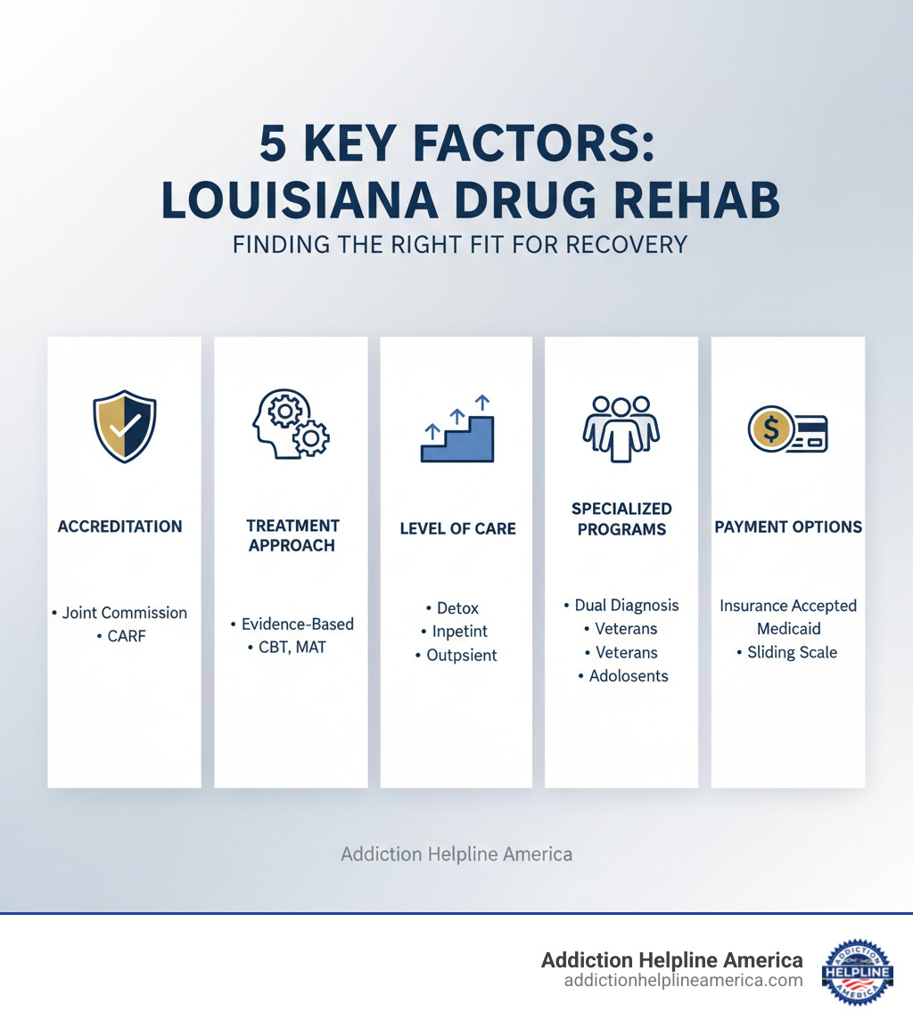 Infographic showing 5 key factors when choosing a Louisiana drug rehab: 1) Accreditation (Joint Commission, CARF), 2) Treatment approach (evidence-based therapies like CBT, MAT), 3) Level of care needed (detox, inpatient, outpatient), 4) Specialized programs (dual diagnosis, veterans, adolescents), 5) Payment options (insurance accepted, Medicaid, sliding scale fees) - Louisiana drug rehab infographic Infographic showing 5 key factors when choosing a Louisiana drug rehab: 1) Accreditation (Joint Commission, CARF), 2) Treatment approach (evidence-based therapies like CBT, MAT), 3) Level of care needed (detox, inpatient, outpatient), 4) Specialized programs (dual diagnosis, veterans, adolescents), 5) Payment options (insurance accepted, Medicaid, sliding scale fees) - Louisiana drug rehab infographic