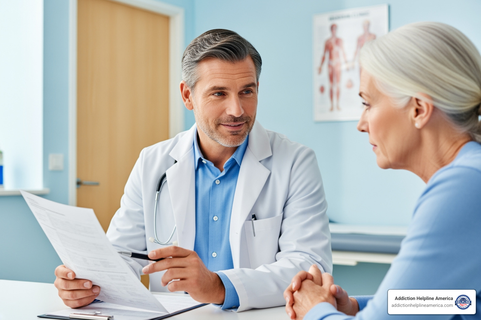 A compassionate doctor explaining a chart to a patient. - opiate detox near me A compassionate doctor explaining a chart to a patient. - opiate detox near me