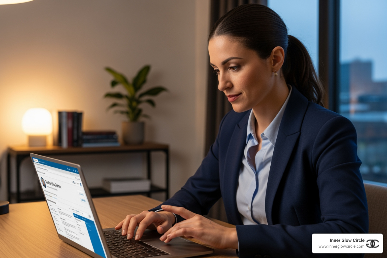 woman thoughtfully updating her LinkedIn profile on a laptop - build professional network