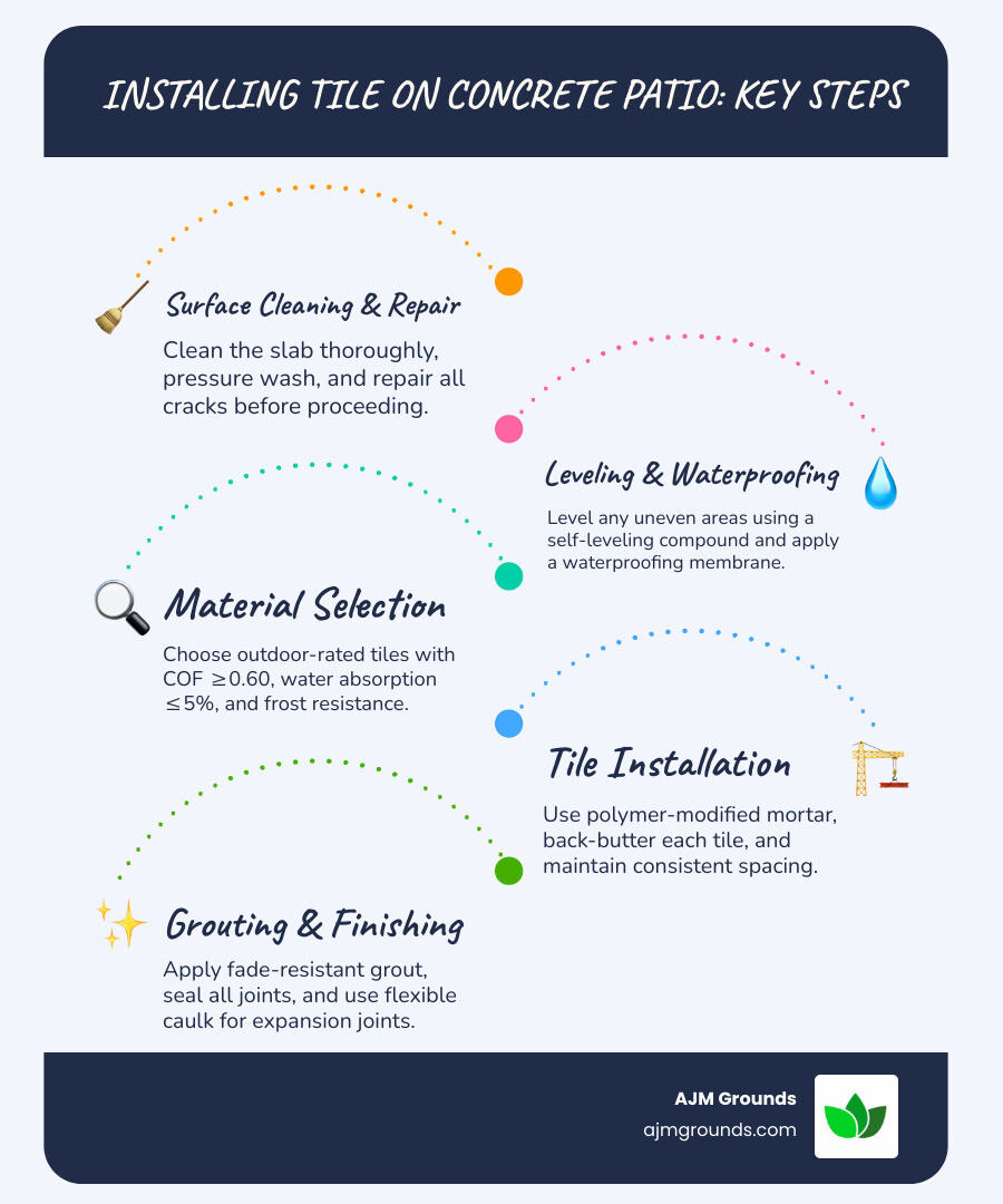 Infographic showing the critical steps for installing tile on concrete patio: 1) Surface Preparation with icons for cleaning, crack repair, and leveling compound 2) Material Selection showing tile ratings - PEI 3+, COF 0.60+, Water Absorption under 5 percent, Frost Resistant checkmark 3) Installation Process with polymer mortar application, back-buttering technique, and tile spacers 4) Finishing with grout application, sealing, and expansion joint caulking - installing tile on concrete patio infographic infographic-line-5-steps-blues-accent_colors