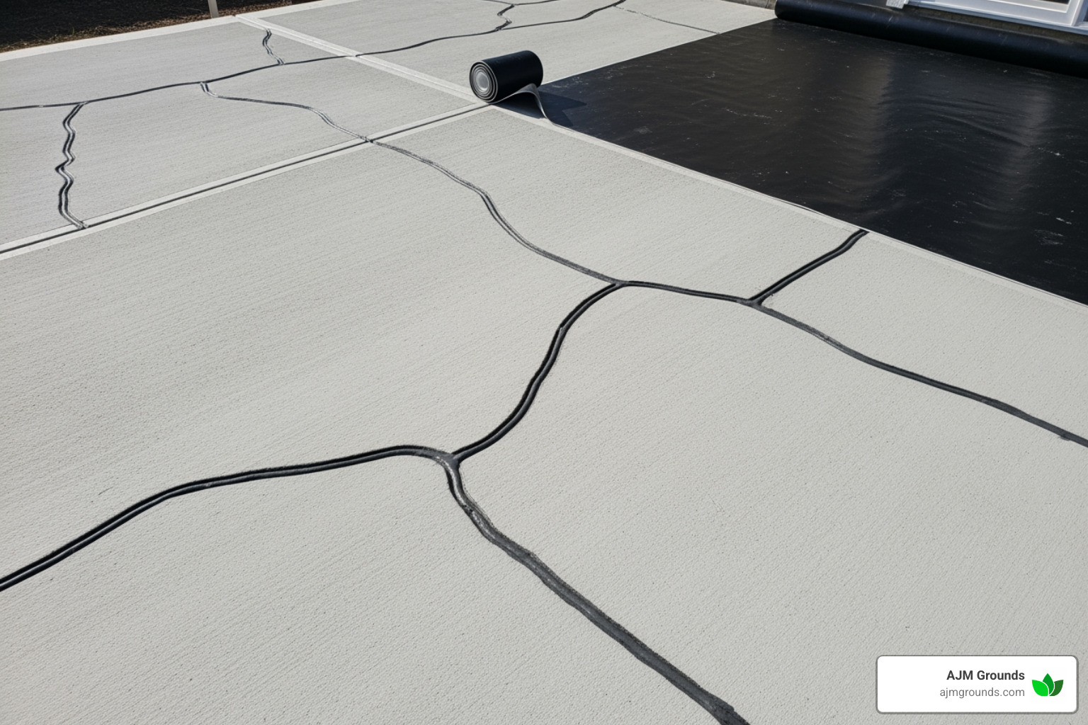 clean, prepped concrete slab with crack repair lines and a waterproofing membrane partially applied - installing tile on concrete patio