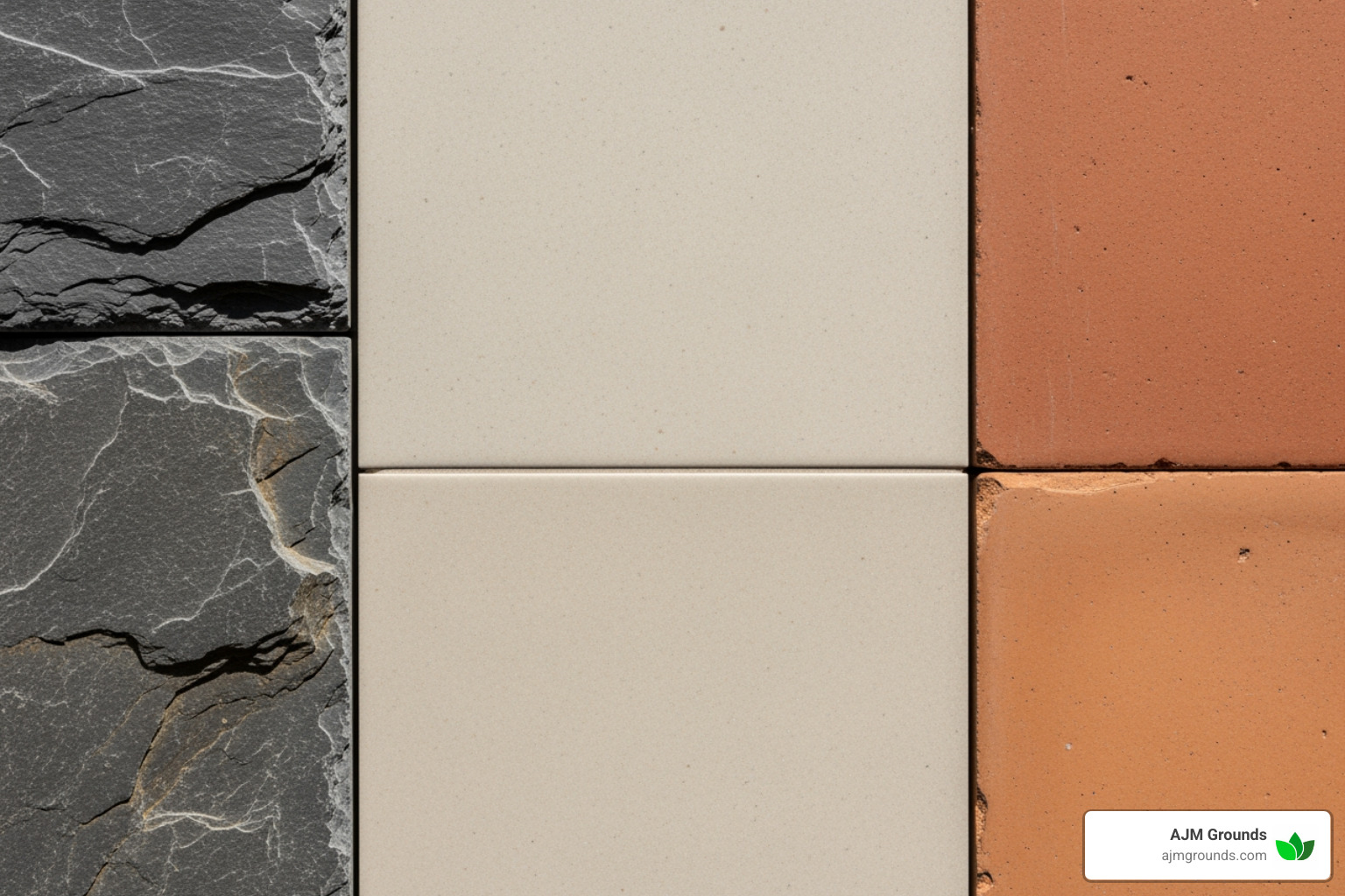 close-up of different outdoor tile textures like slate, porcelain, and terracotta - installing tile on concrete patio