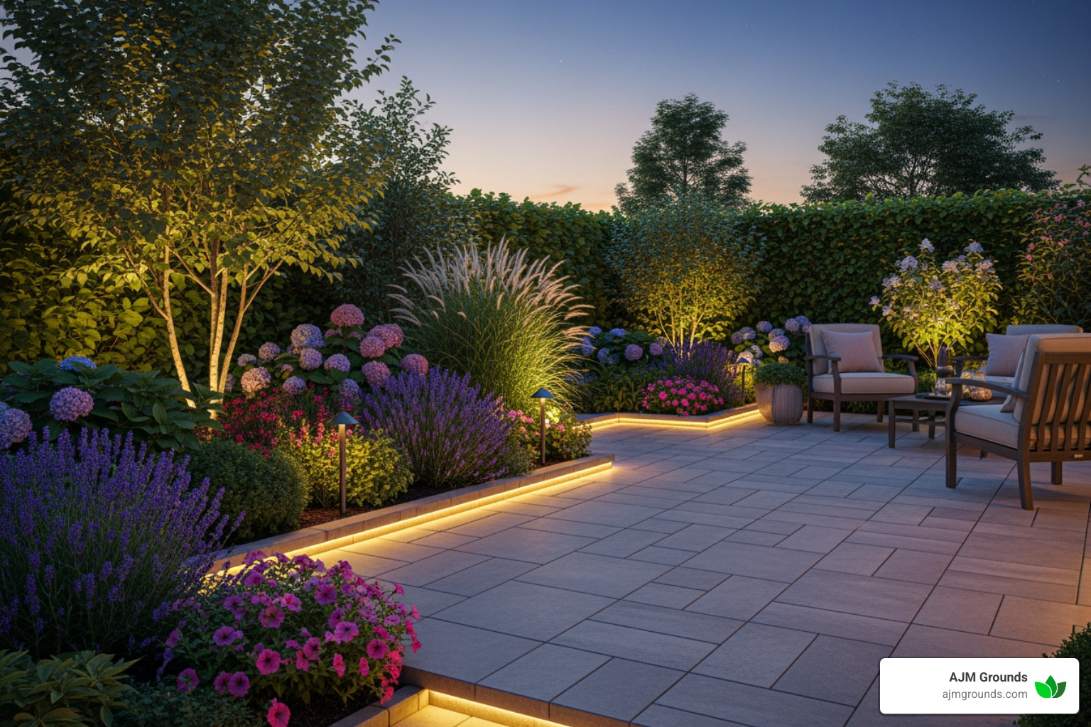 finished tiled patio integrated with garden beds and landscape lighting - installing tile on concrete patio