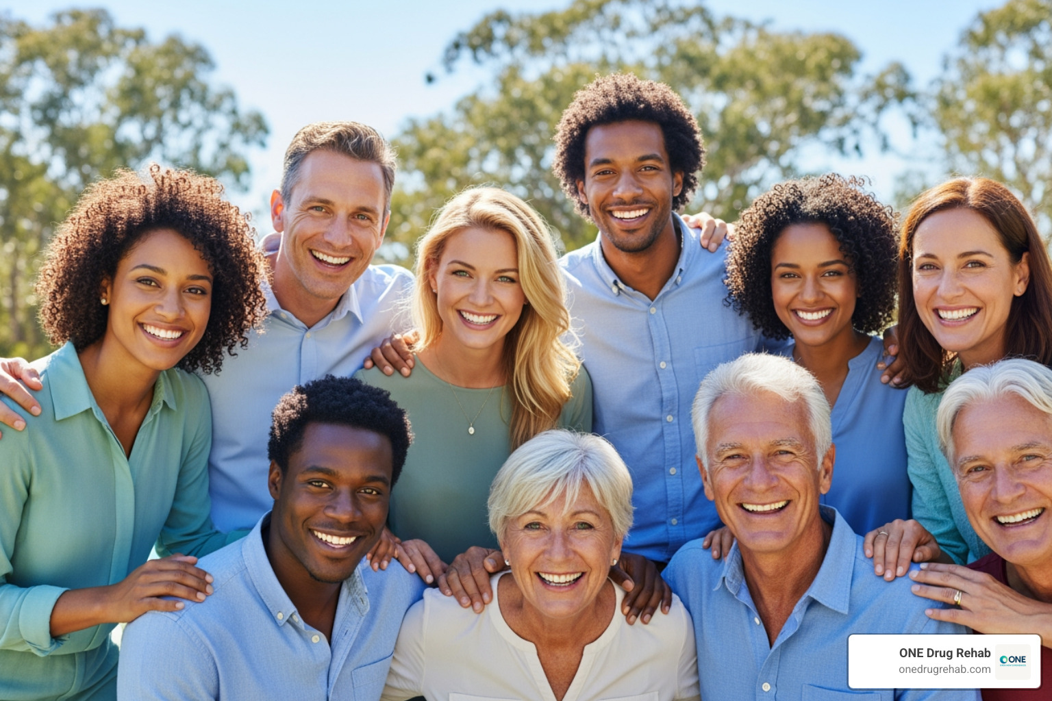 Diverse group of people smiling and supporting each other in a group setting - cognitive behavioral therapy