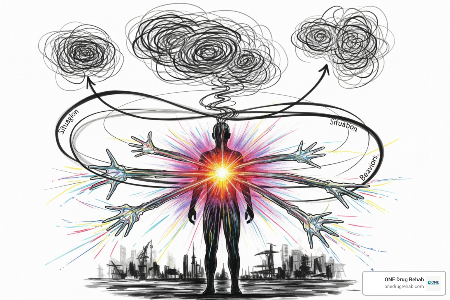 Diagram showing the CBT model: a situation leads to thoughts, which lead to emotions, which lead to behaviors, and these behaviors can influence the situation, creating a cycle. - cognitive behavioral therapy