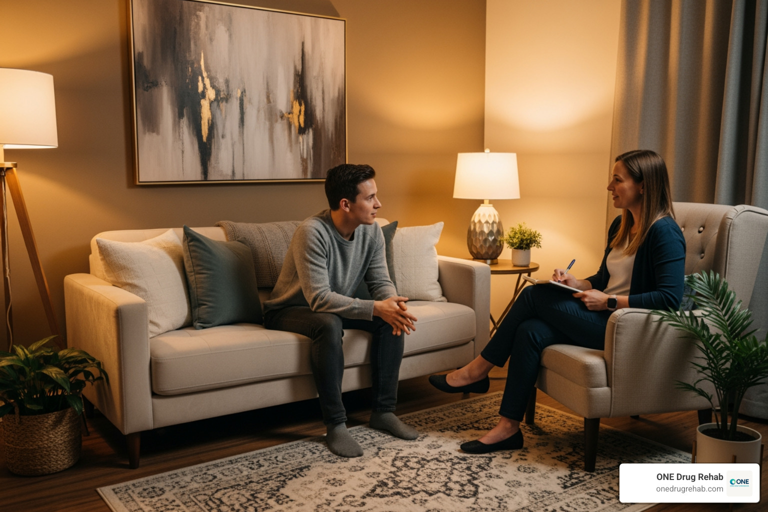 A person sitting comfortably on a couch, talking openly with a therapist who is listening attentively and taking notes. The room is warm and inviting. - cognitive behavioral therapy