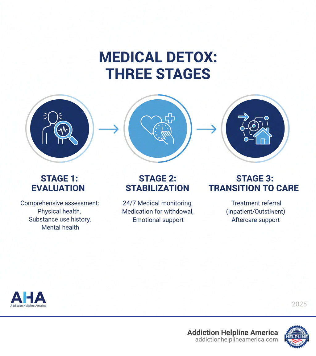 Infographic showing the three stages of medical detox: Stage 1 - Evaluation (comprehensive assessment of physical health, substance use history, and mental health), Stage 2 - Stabilization (24/7 medical monitoring, medication to manage withdrawal symptoms, emotional support and comfort care), Stage 3 - Transition to Care (discharge planning, referral to residential or outpatient treatment, aftercare support network) - detox facilities infographic 