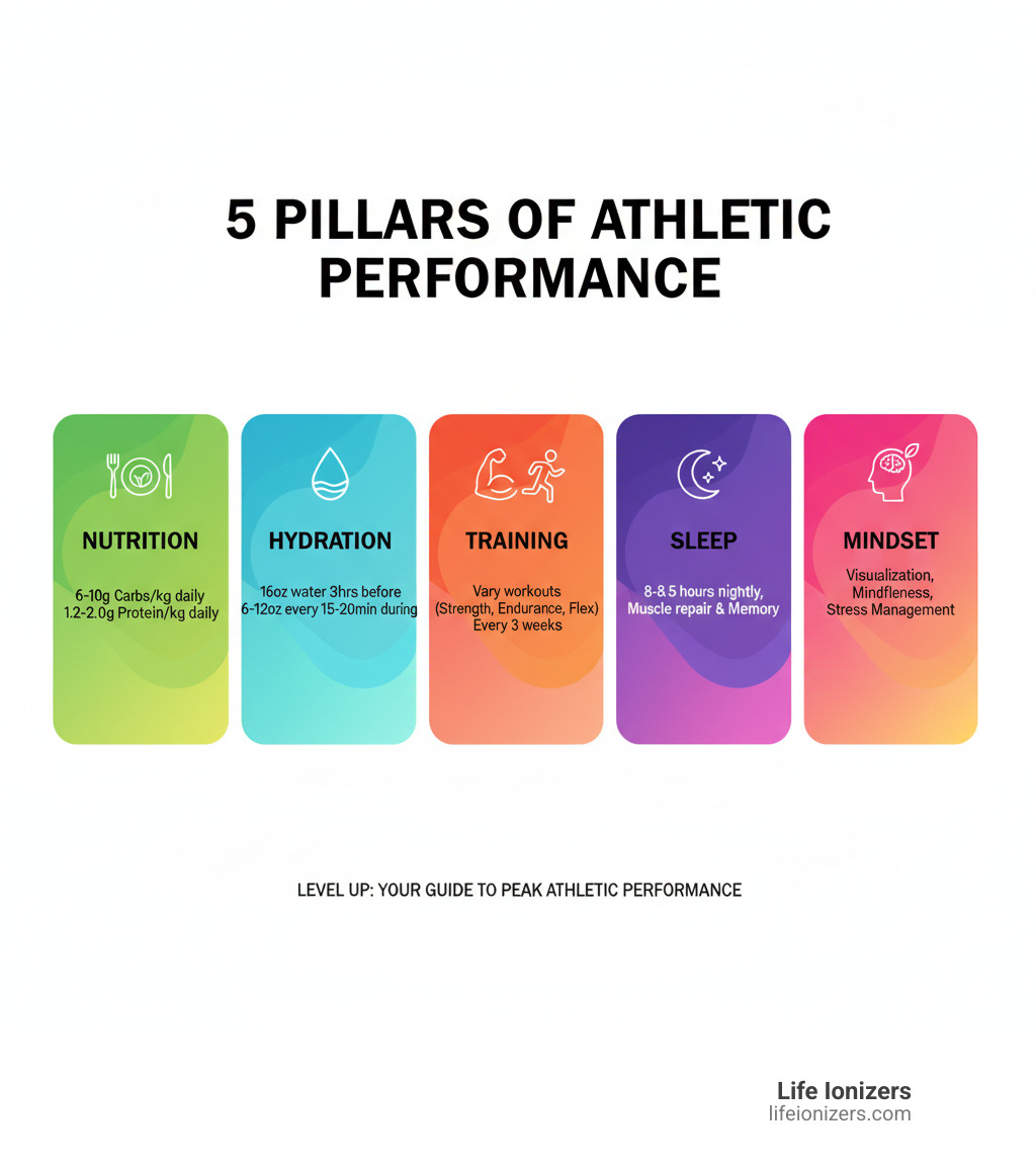 infographic showing five pillars of athletic performance with icons for nutrition, hydration, training, sleep, and mindset, each with key metrics and recommendations - improve athletic performance infographic infographic showing five pillars of athletic performance with icons for nutrition, hydration, training, sleep, and mindset, each with key metrics and recommendations - improve athletic performance infographic