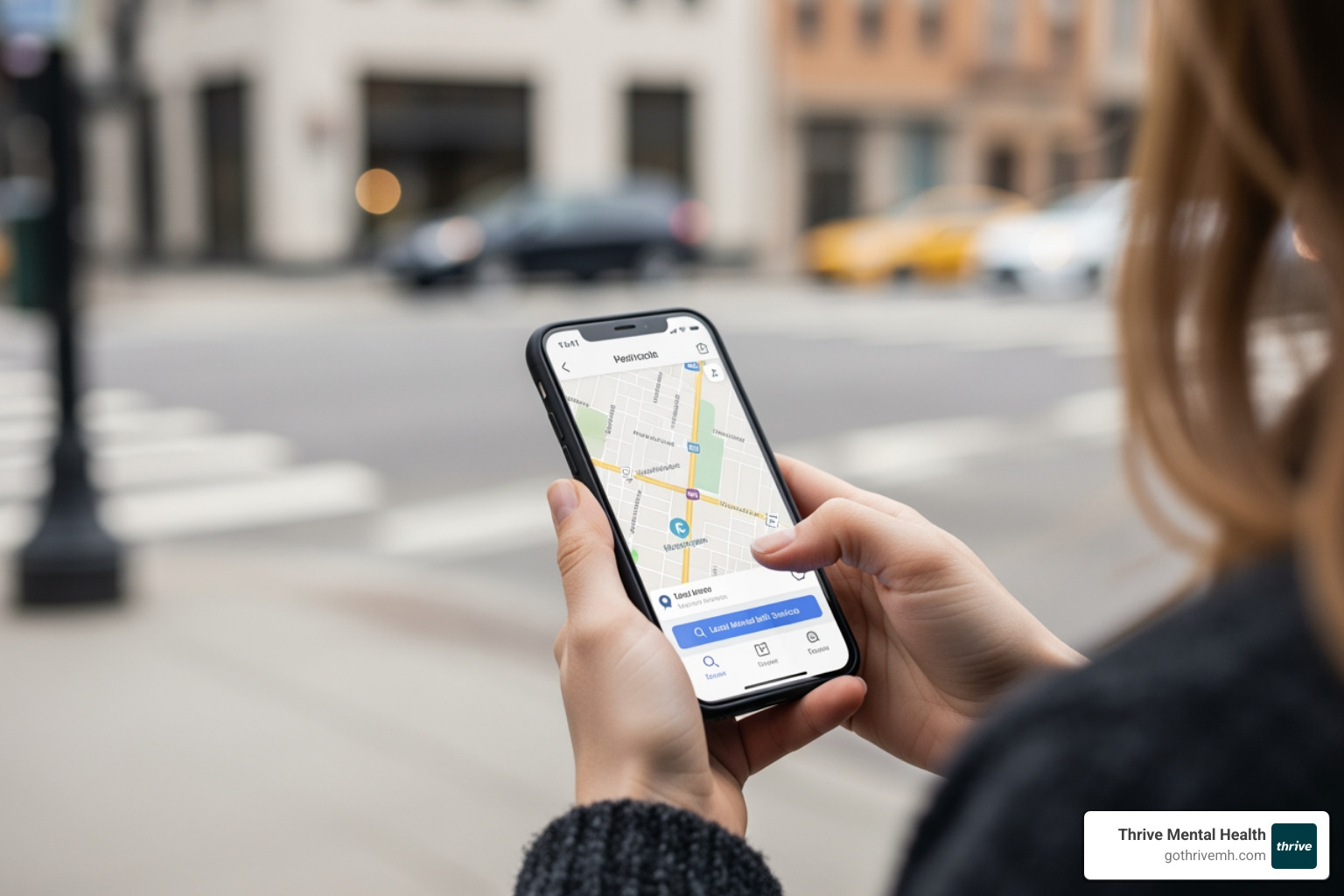 A person using a smartphone to search for local mental health services on a map, with a blurred background of a city street. - mental health crisis services near me A person using a smartphone to search for local mental health services on a map, with a blurred background of a city street. - mental health crisis services near me