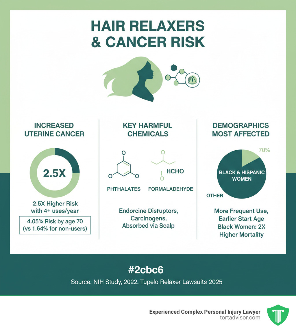 infographic showing the connection between hair relaxer chemicals and cancer risk, including statistics on increased uterine cancer rates, key harmful chemicals like phthalates and formaldehyde, and the demographics most affected - tupelo hair relaxer cancer lawsuit infographic infographic showing the connection between hair relaxer chemicals and cancer risk, including statistics on increased uterine cancer rates, key harmful chemicals like phthalates and formaldehyde, and the demographics most affected - tupelo hair relaxer cancer lawsuit infographic