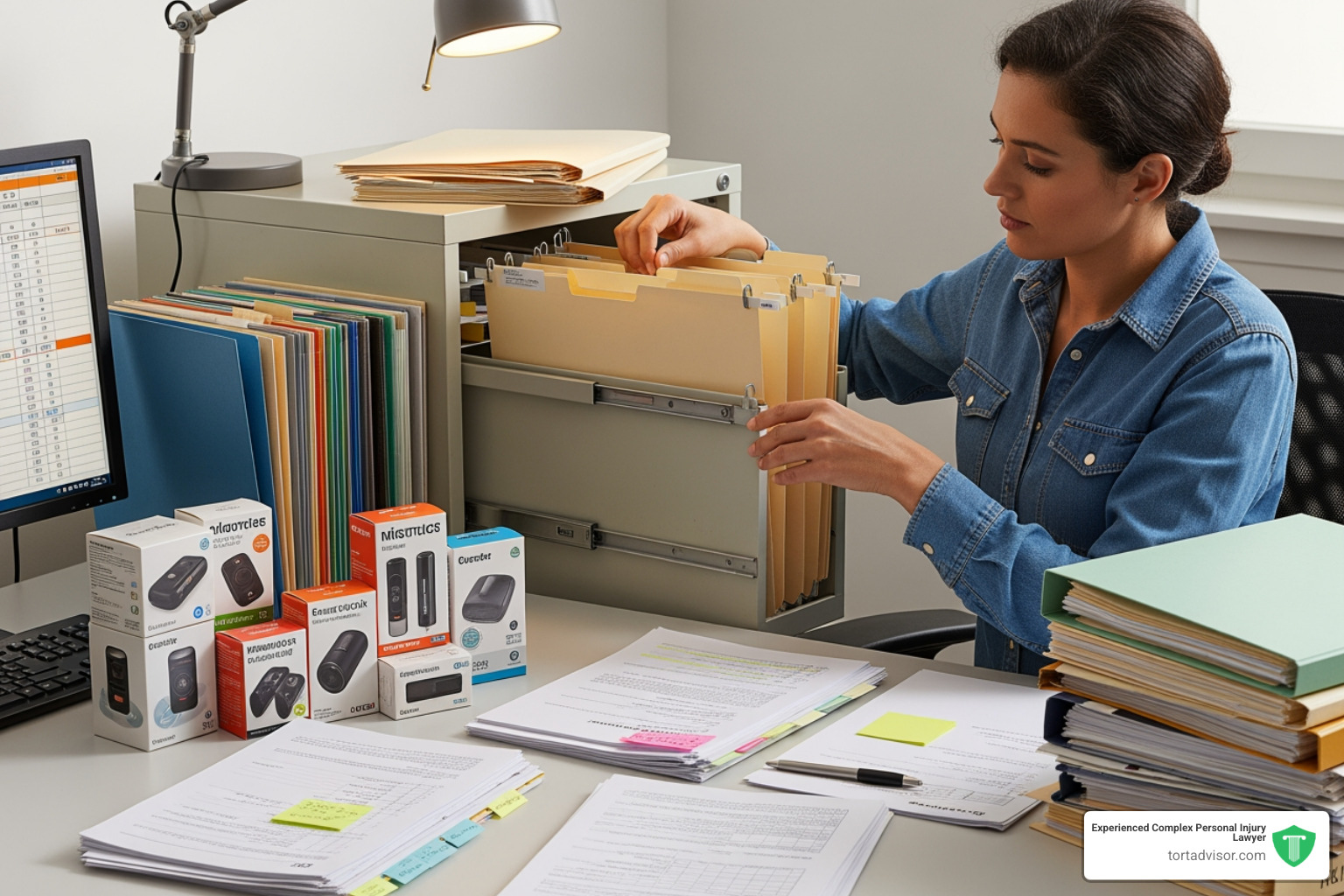 person organizing documents and product boxes into a file - tupelo hair relaxer cancer lawsuit person organizing documents and product boxes into a file - tupelo hair relaxer cancer lawsuit