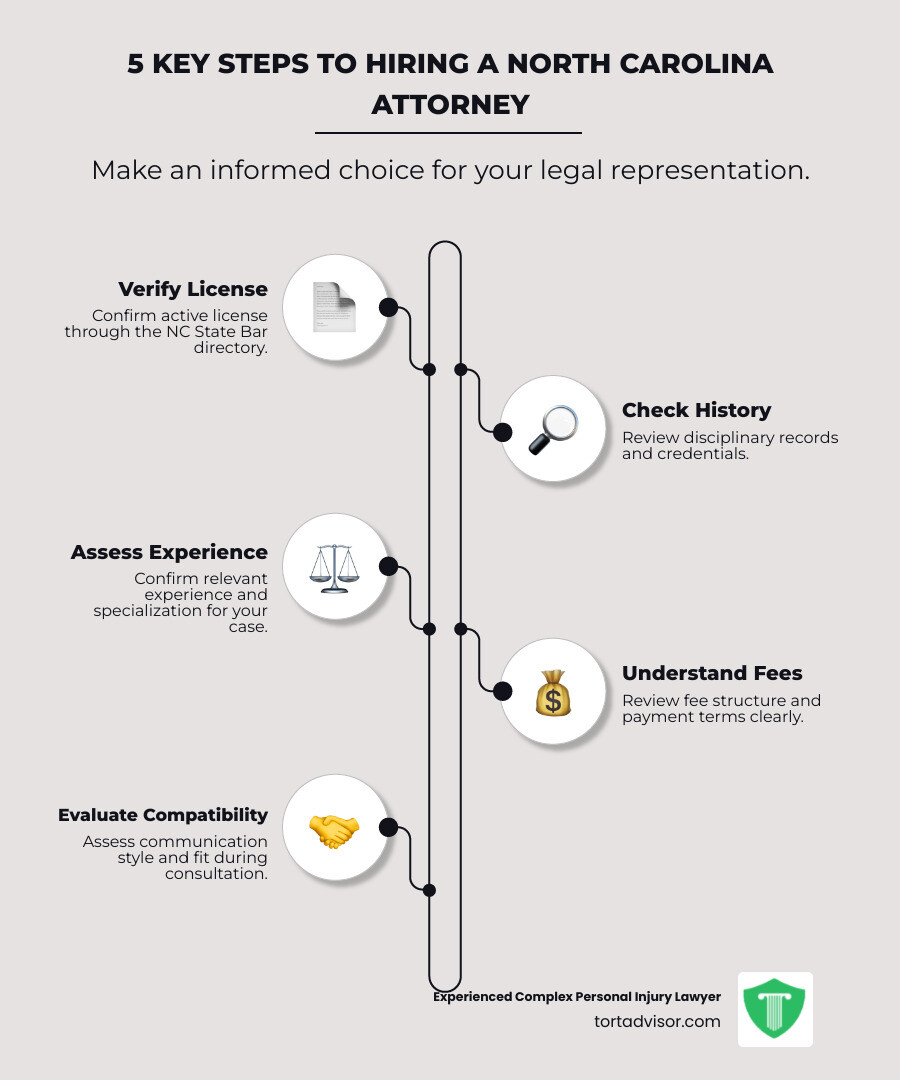 Infographic showing 5 key steps to hiring a North Carolina attorney: 1) Verify active license through NC State Bar directory, 2) Check disciplinary history and credentials, 3) Confirm relevant experience and specialization, 4) Review fee structure and payment terms, 5) Assess communication style and compatibility during consultation - North Carolina attorney infographic infographic-line-5-steps-elegant_beige Infographic showing 5 key steps to hiring a North Carolina attorney: 1) Verify active license through NC State Bar directory, 2) Check disciplinary history and credentials, 3) Confirm relevant experience and specialization, 4) Review fee structure and payment terms, 5) Assess communication style and compatibility during consultation - North Carolina attorney infographic infographic-line-5-steps-elegant_beige